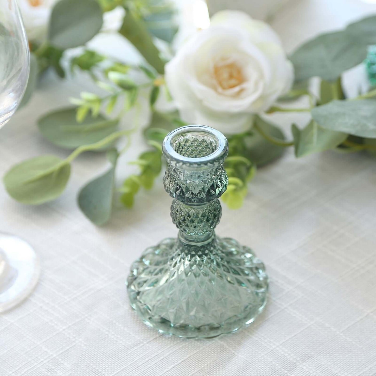 6-Pack Glass Taper Candlestick Holders Diamond Pattern Design Assorted Green - Reversible Crystal Pillar Votive Stands 4"