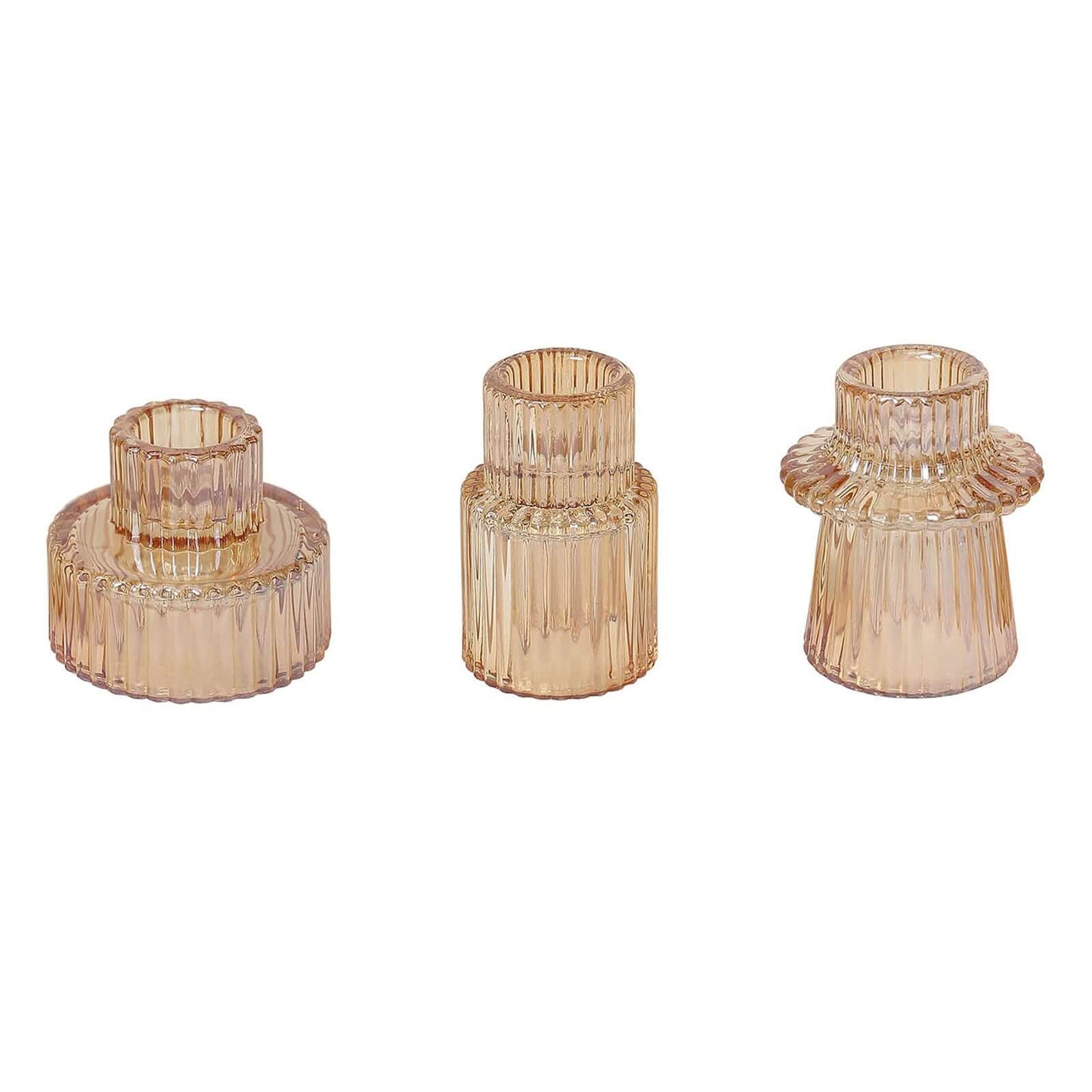 Set of 6 Glass Taper Candle Holders Ribbed Crystal Design Amber Gold - Reversible Mini Votive Tealight Stands 3"
