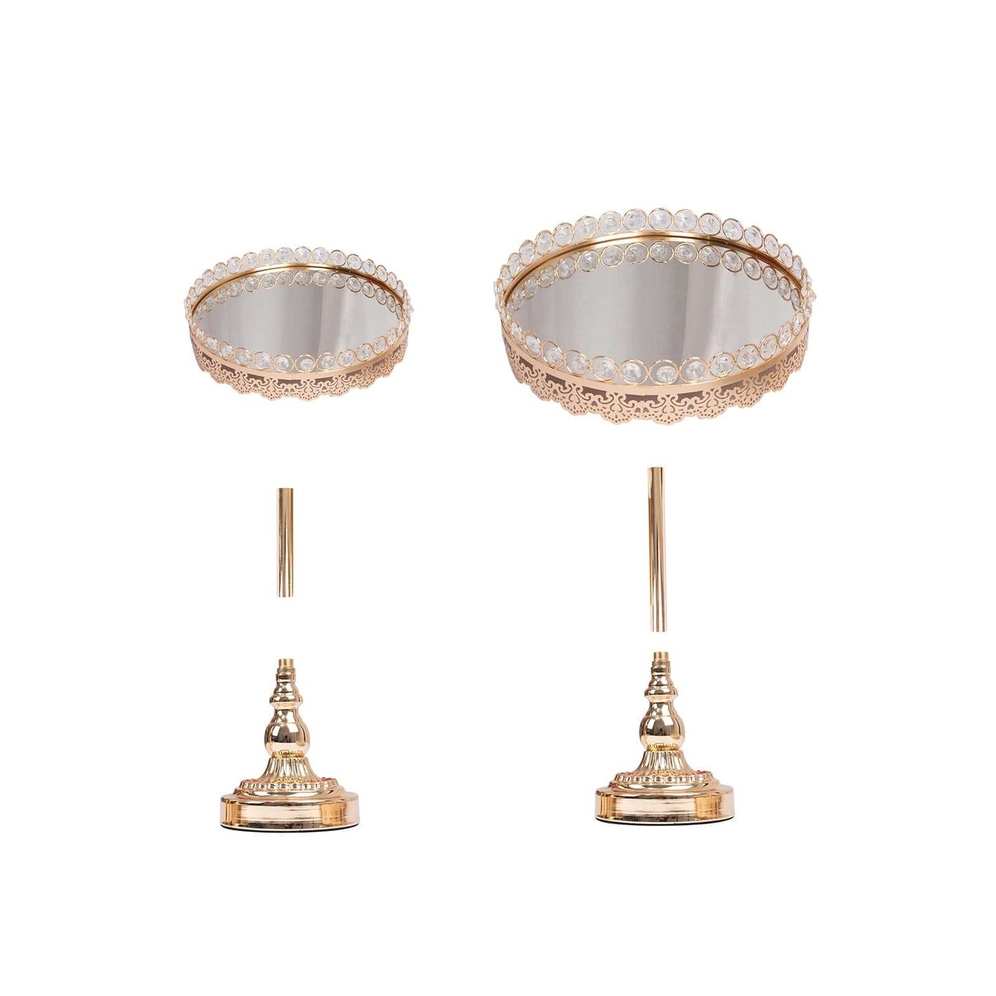 Set of 2 Pedestal Cake Stands Round Design with Mirror Top Gold - Crystal Beaded Cupcake Dessert Display Metal 11", 13"