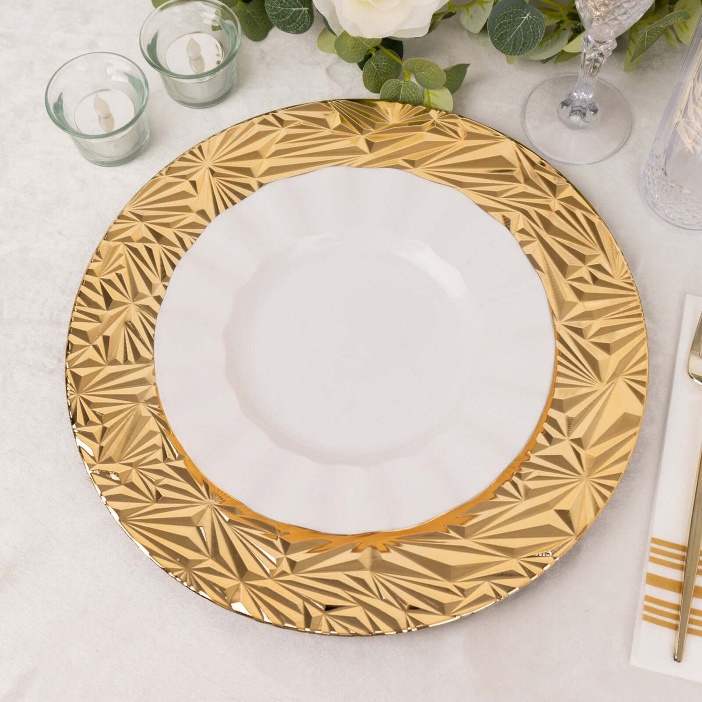 6-Pack Acrylic Round Charger Plates 13" in Metallic Gold with Rock Cut Design, Durable Plastic Dinner Charger Tableware