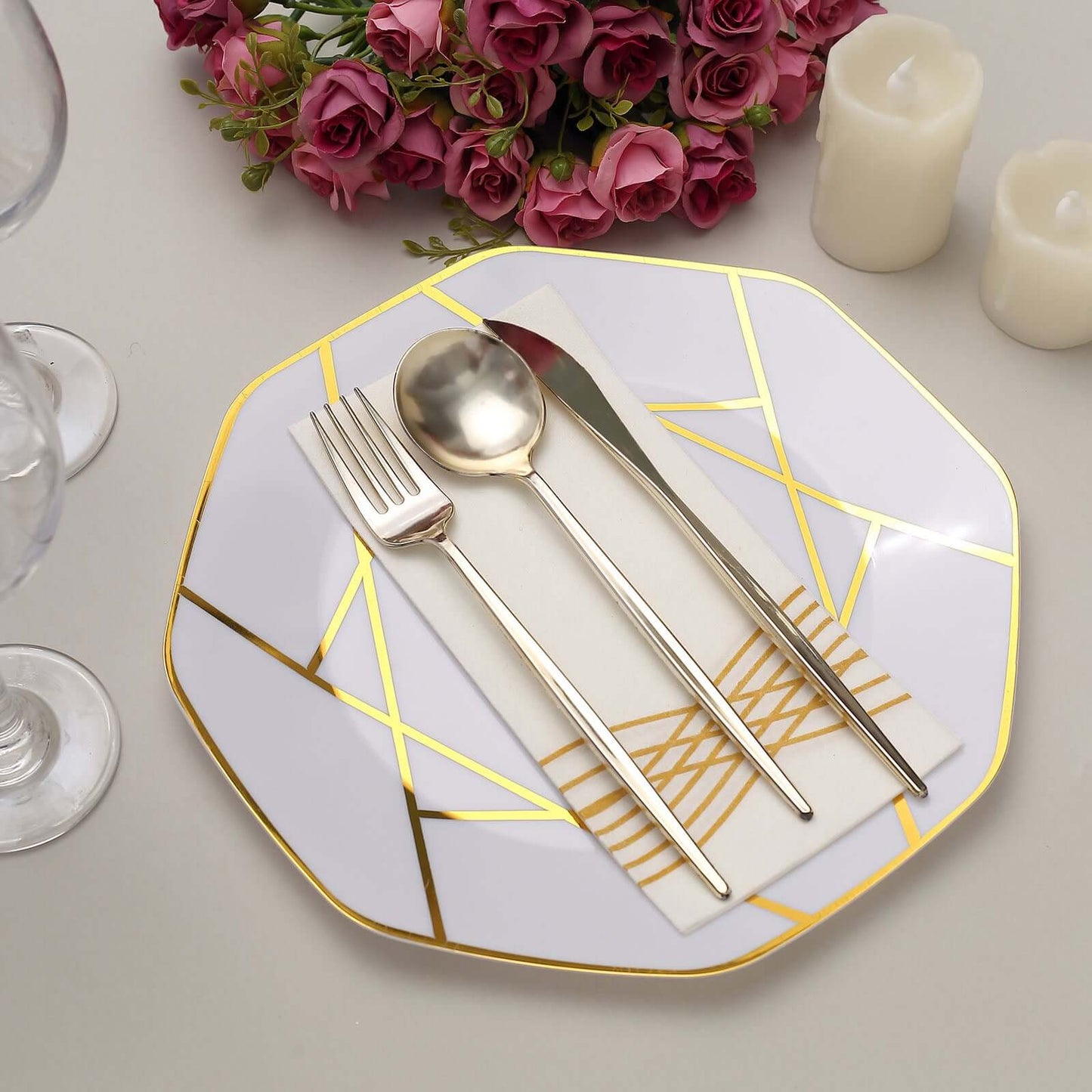 10-Pack Plastic 10" Octagon Dinner Plates in White - Modern Disposable Party Plates with Gold Geometric Design for Special Occasions & Celebrations