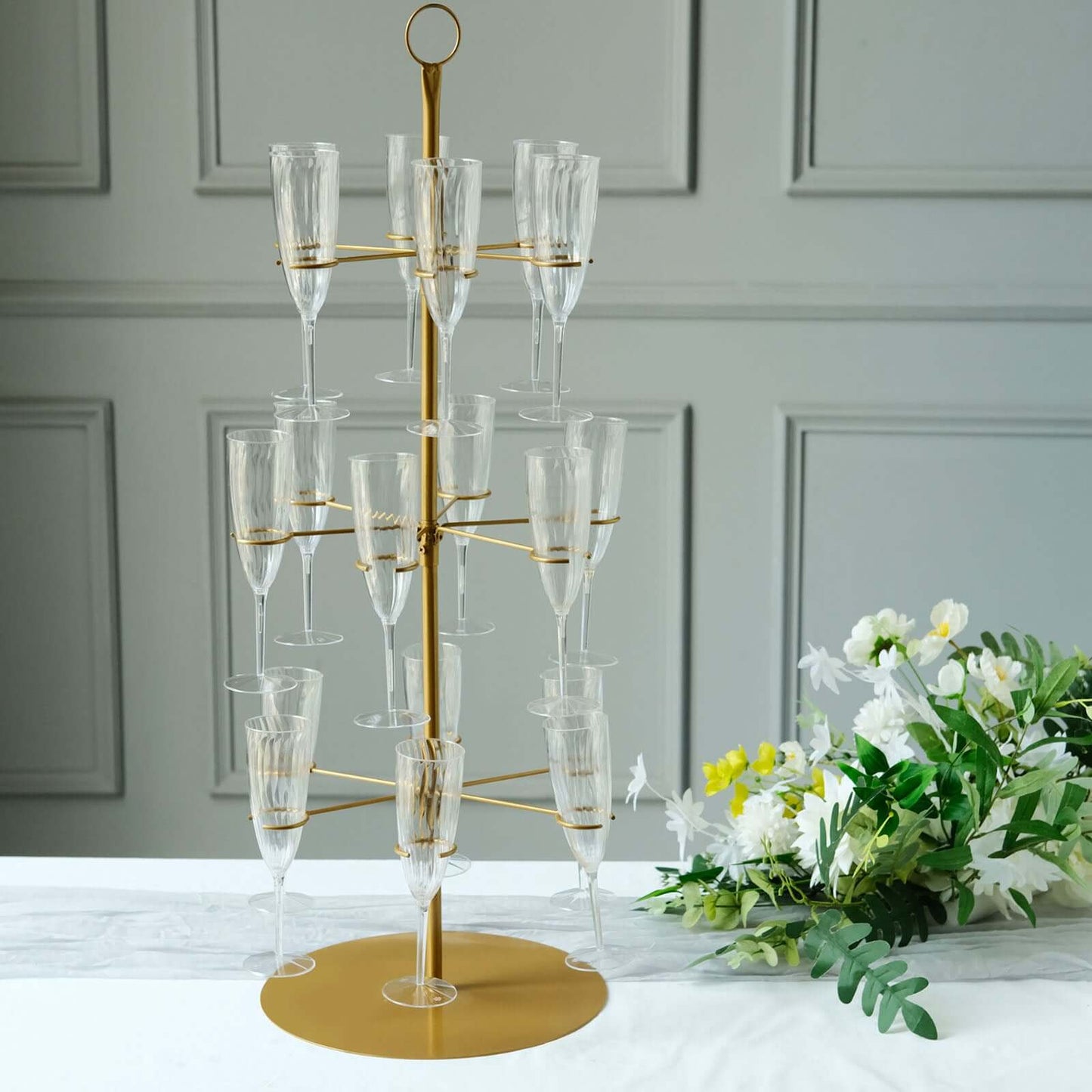3-Tier Champagne Glass Holder Tower Gold - Modern Metal Flute Display Rack Cocktail Tree Stand for Professional & Home Use 33"