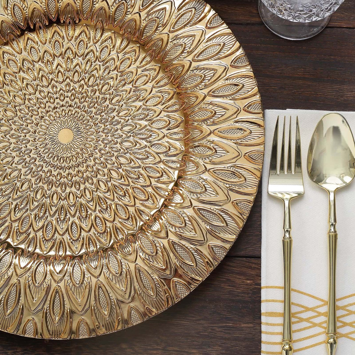 6-Pack Plastic Round Charger Plates 13" in Gold with Embossed Peacock Pattern, Stylish Disposable Charger Tableware