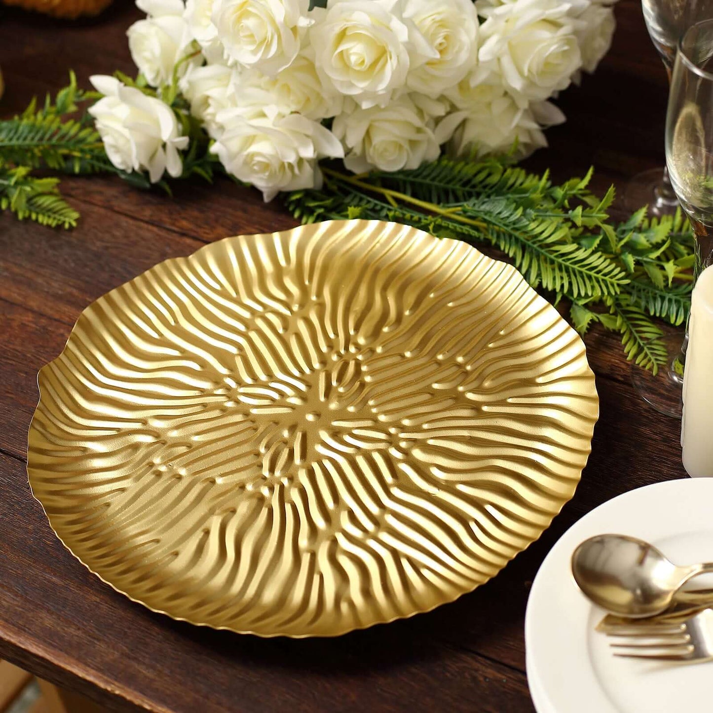 Metal Round Serving Tray 12" in Gold Floral Pattern with Wavy Rim, Pedestal Dessert Display with Hairpin Legs