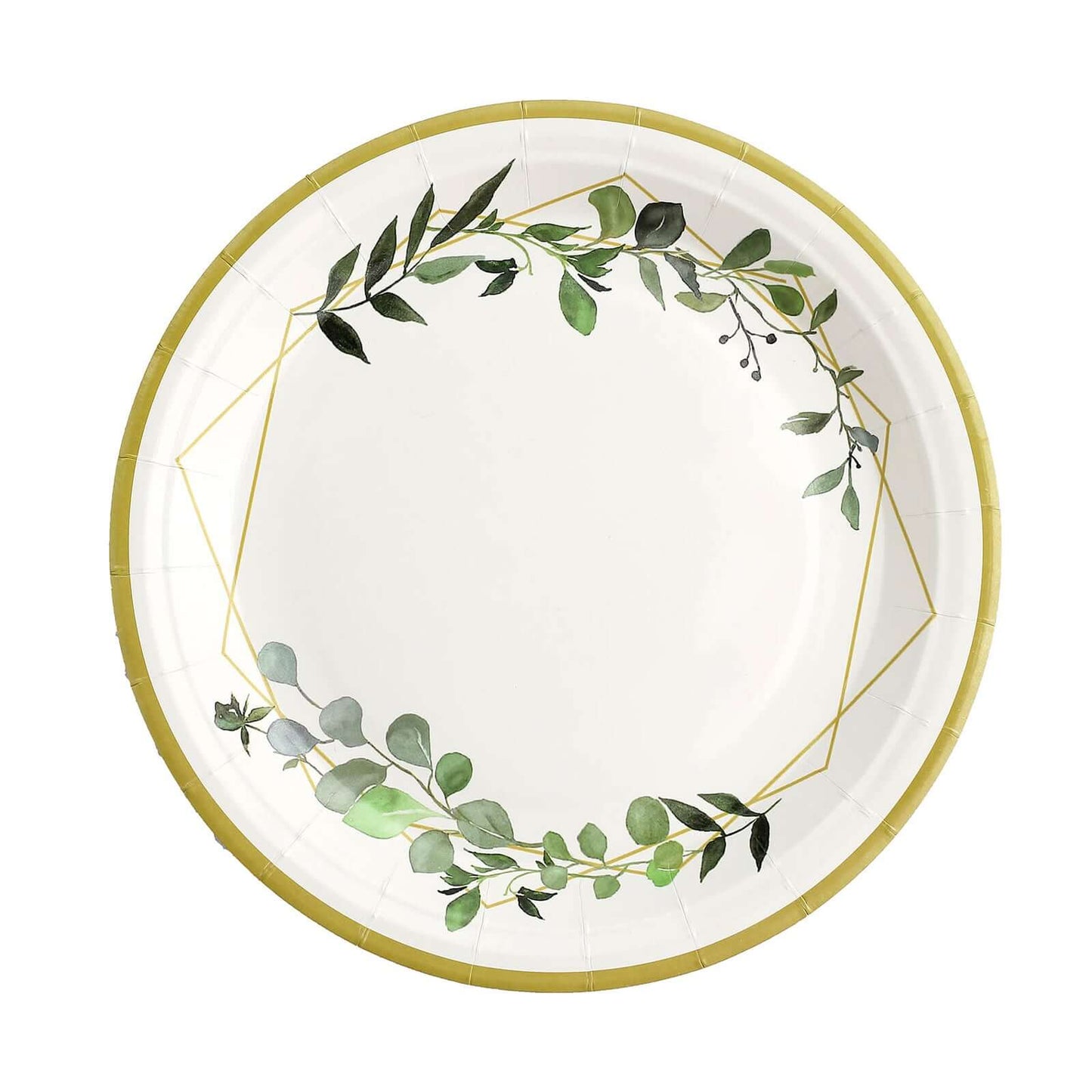 24-Pack Paper 9" Round Dinner Plates in White with Eucalyptus Leaves & Gold Rim - Disposable 300GSM Party Plates for Modern & Nature-Inspired Events