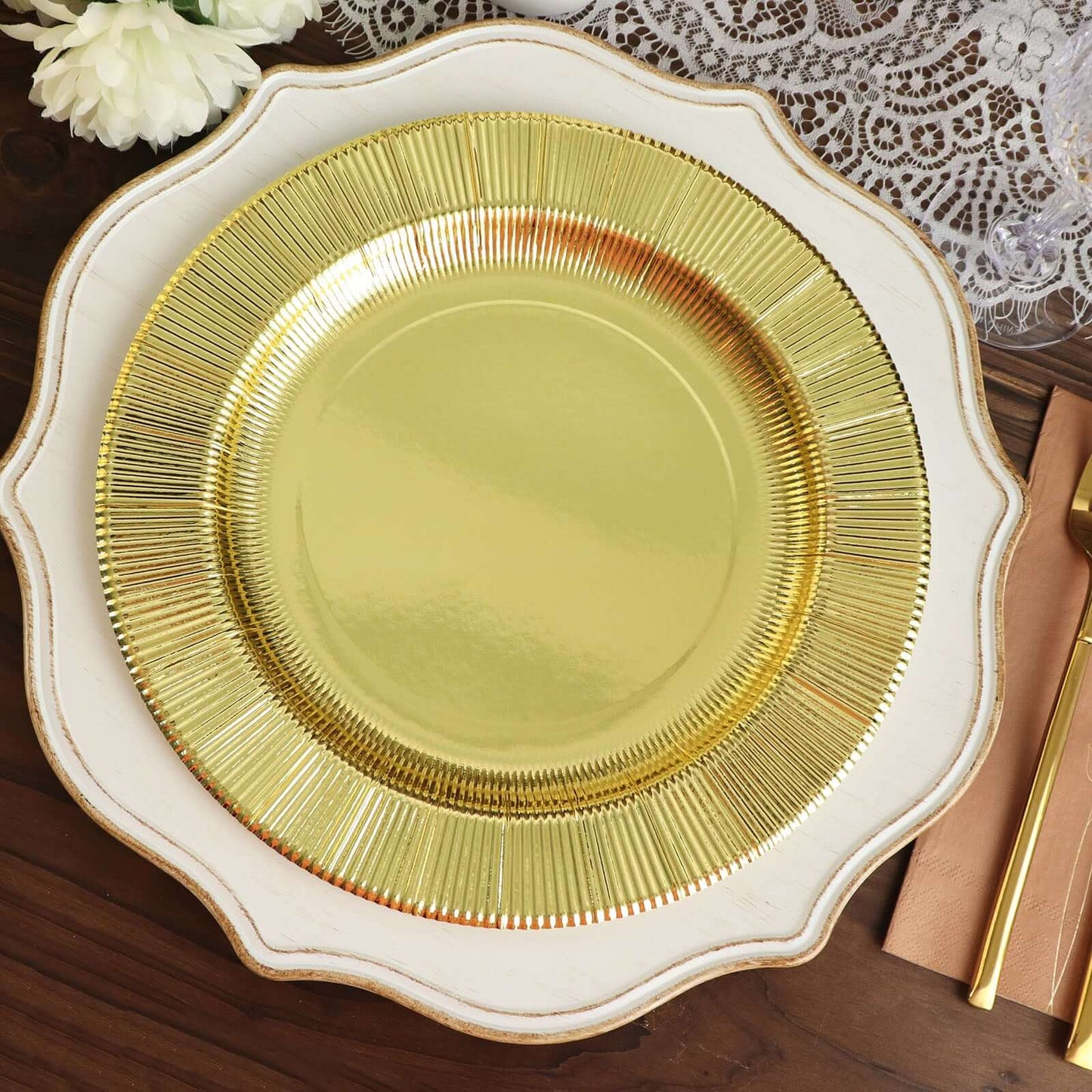 25-Pack Paper 10" Round Dinner Plates in Metallic Gold Sunray Design - Disposable Heavy Duty 350GSM Party Plates