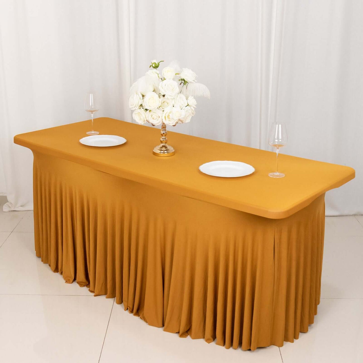 Spandex Rectangle 72"x30" Table Skirt Gold with Wavy Skirt-Like Effect Stylish Table Cover for Weddings, Banquets & Trade Shows