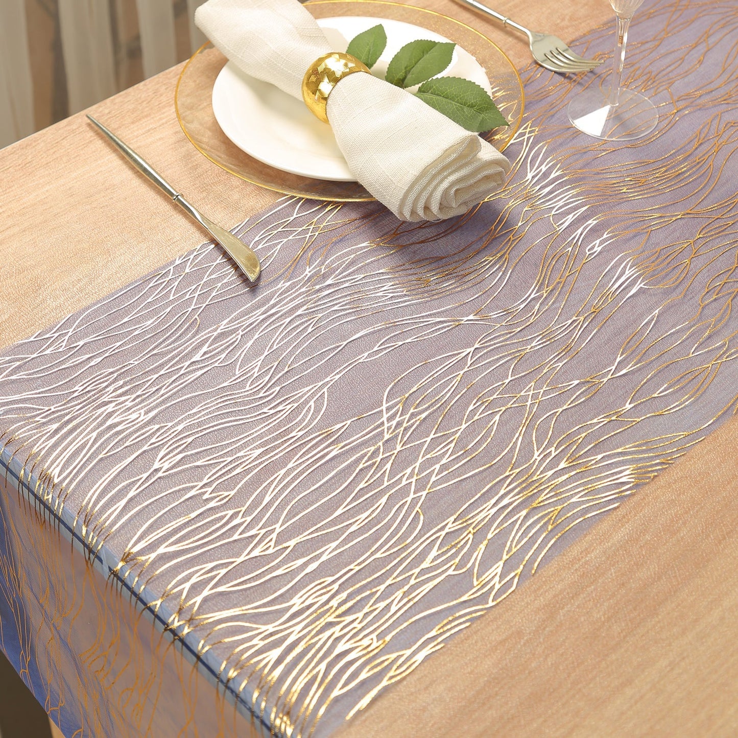 5 Pack Organza 12"x108" Table Runners Royal Blue - Gold Wave Design