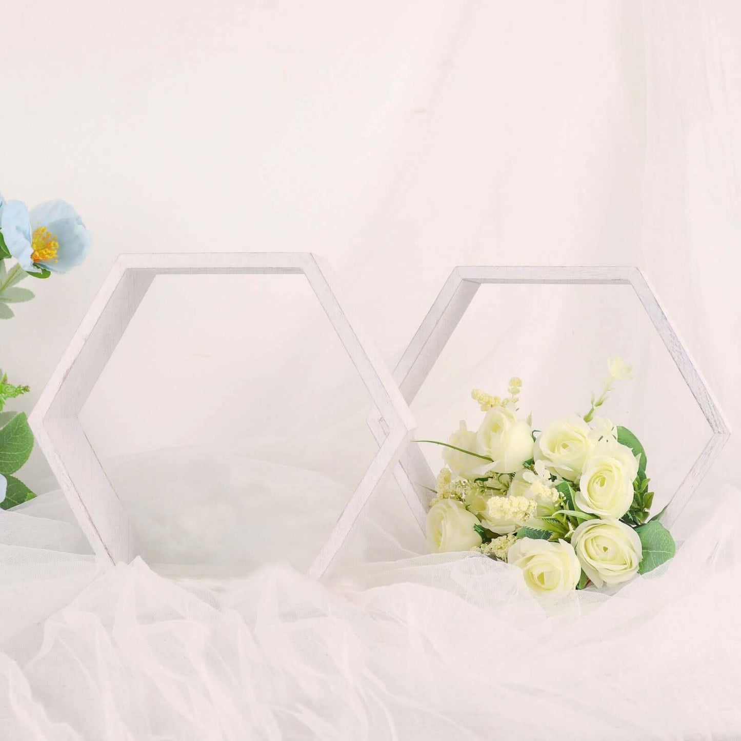 2 Pack 9" Hexagon Whitewashed Wood Centerpiece, Geometric Terrarium, Honeycomb Storage Shelf
