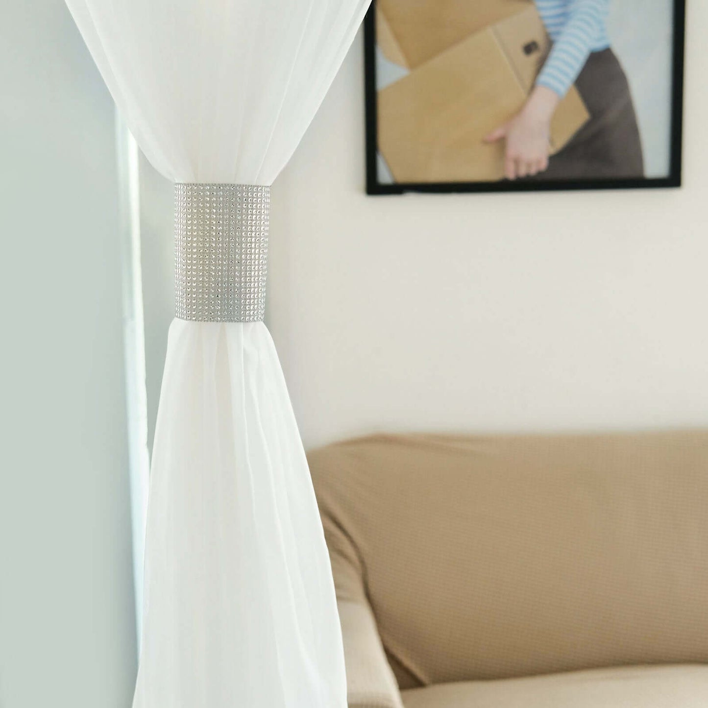 4 Pack Silver Rhinestone Mesh Velcro Backdrop Curtain Bands, Large Chair Sash Clip Tie Backs - 5"X10"