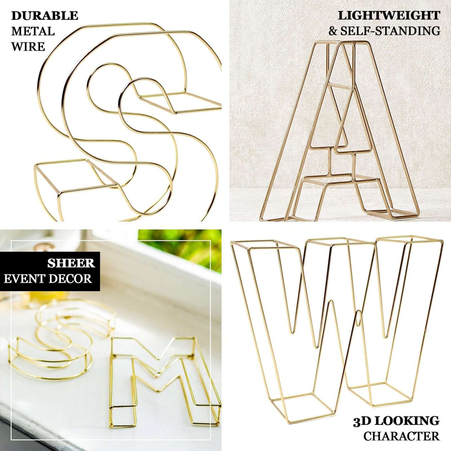8" Tall Gold Freestanding 3D Decorative Wire Letter, Wedding Centerpiece - Z