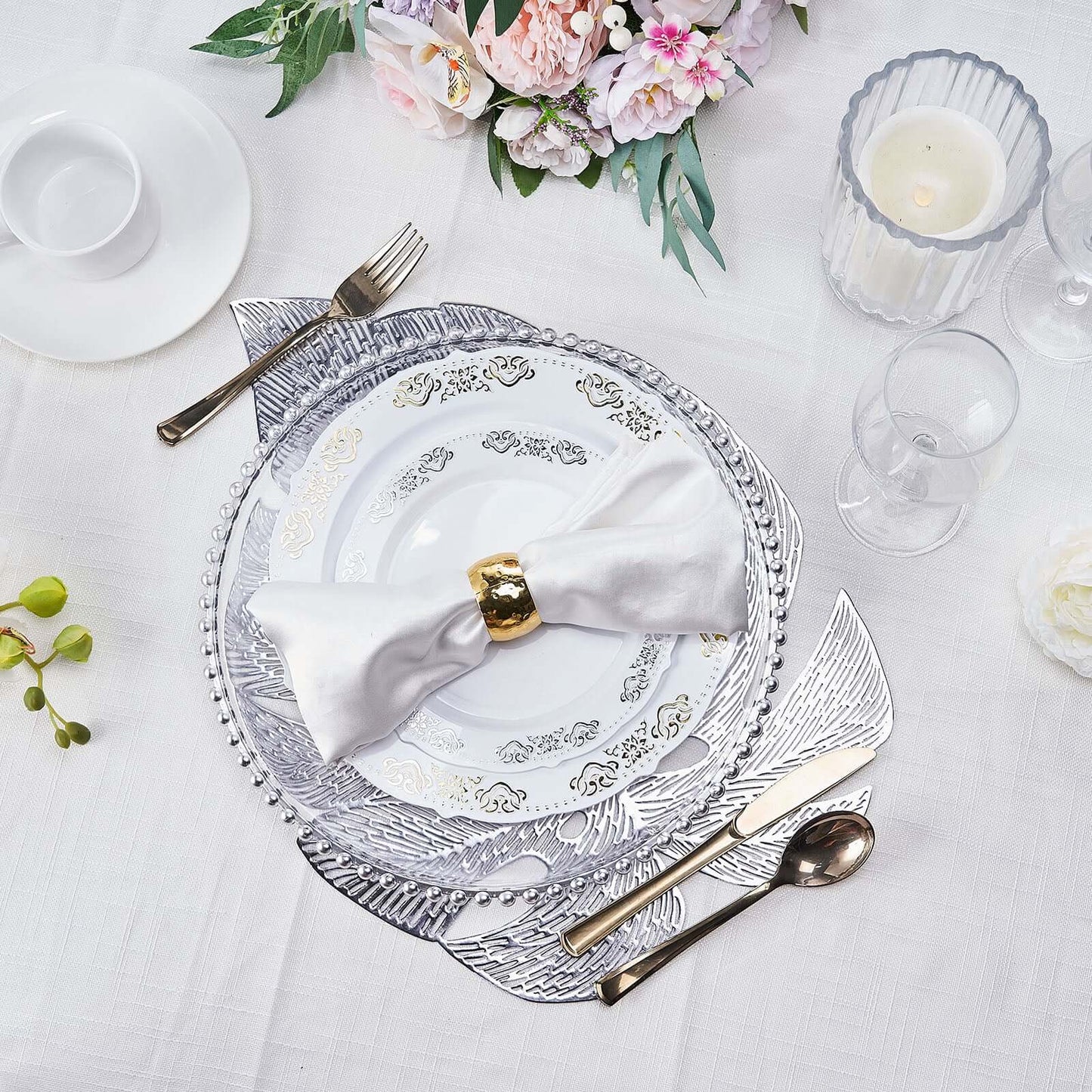 6-Pack Dining Table Mats Monstera Leaf Design Silver - Vinyl Non-Slip Surface for Tropical Themes 18"