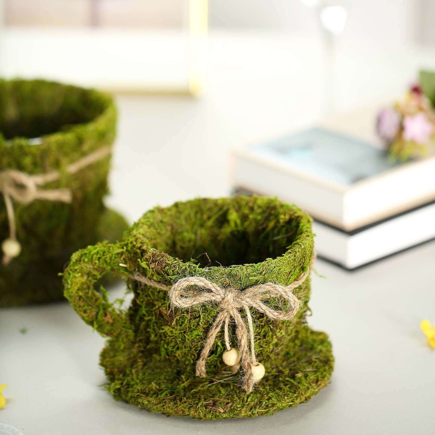 Set of 2 Teacup Shaped Planter Boxes Preserved Moss with Twine Green - Flower Basket Centerpieces 5", 4"