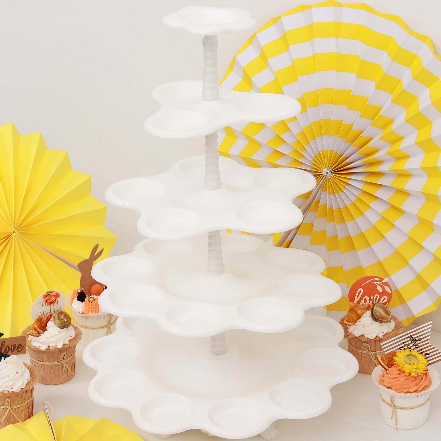 5-Tier Plastic Cupcake Holder Stand White - Dessert Tower with Scalloped Edge Design Versatile Display for Sweet Treats 18"