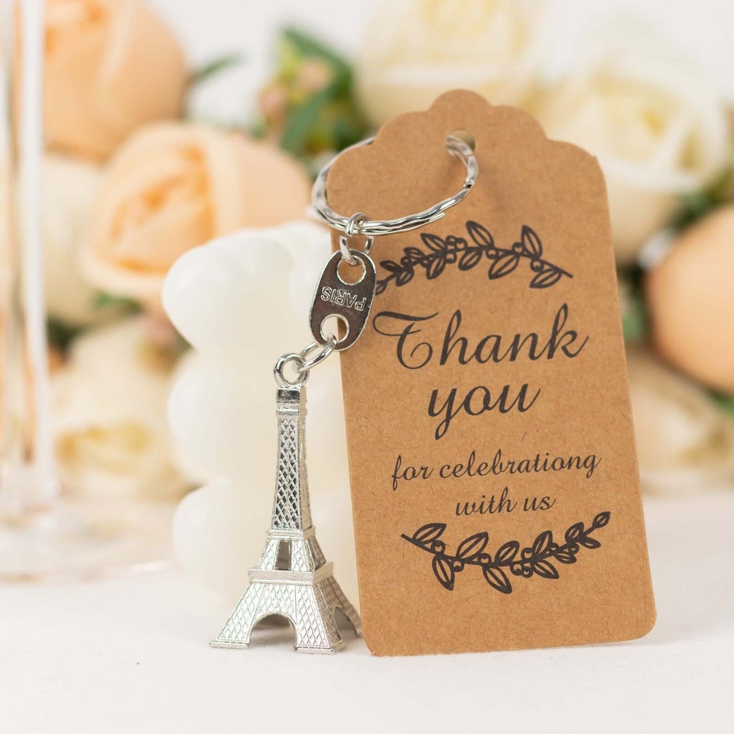 10 Pack Silver Plastic Paris Eiffel Tower Keychain Wedding Favors, 4" Bridal Shower Party Souvenirs With Thank You Tag
