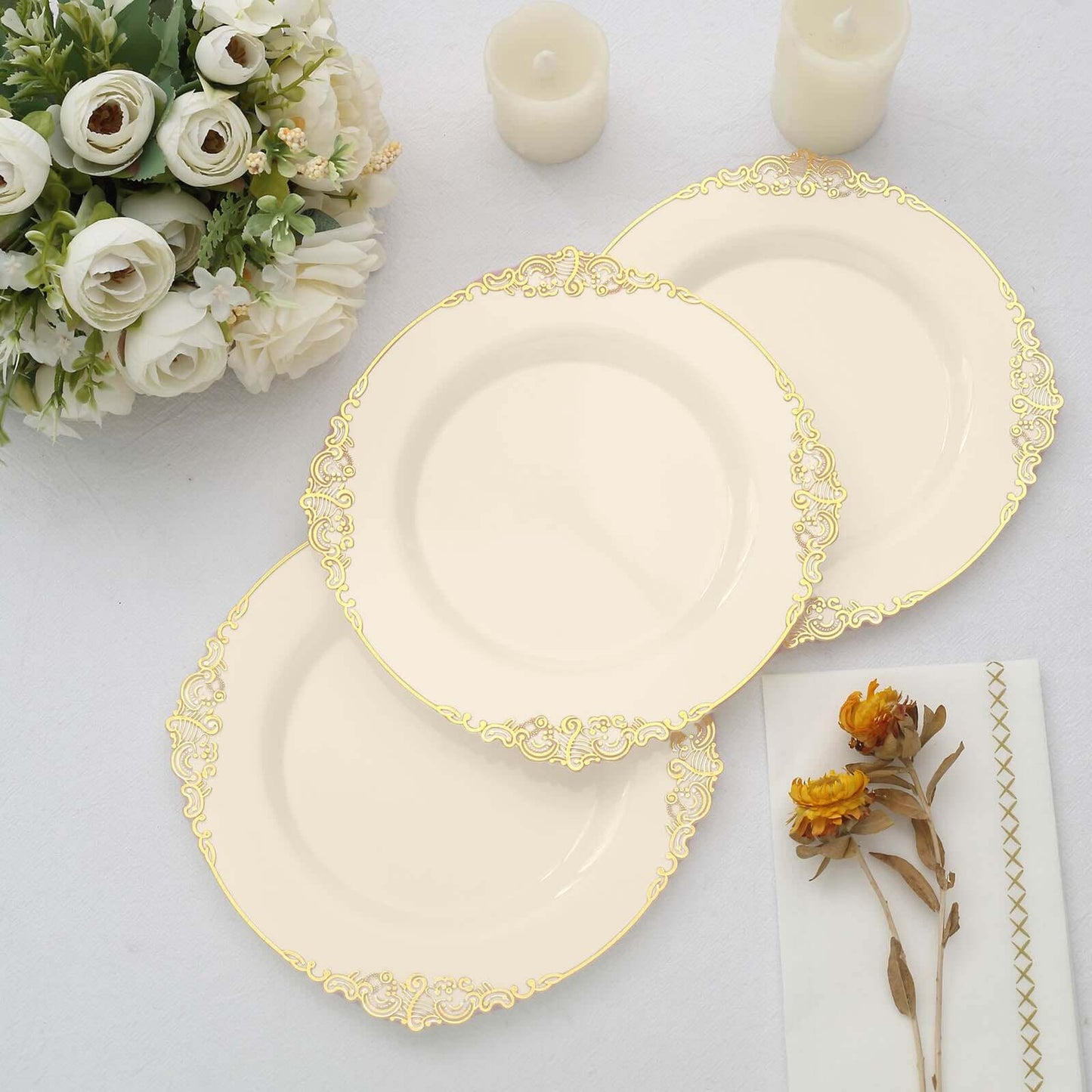 10-Pack Plastic 8" Round Dessert Plates in Ivory with Gold Leaf Embossed Rim - Disposable Vintage Baroque Style Salad Plates