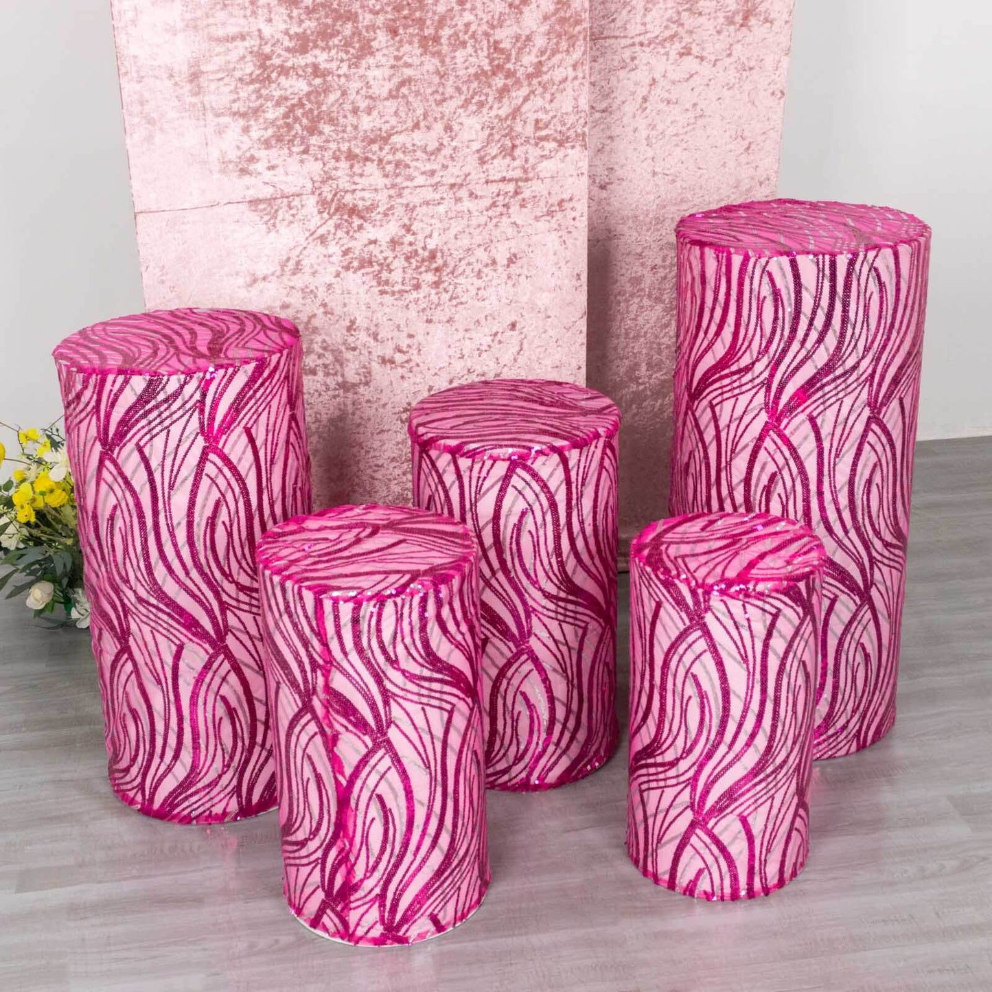 Set of 5 Fuchsia Wave Mesh Cylinder Pedestal Stand Covers with Embroidered Sequins, Pillar Prop Covers - 160 GSM