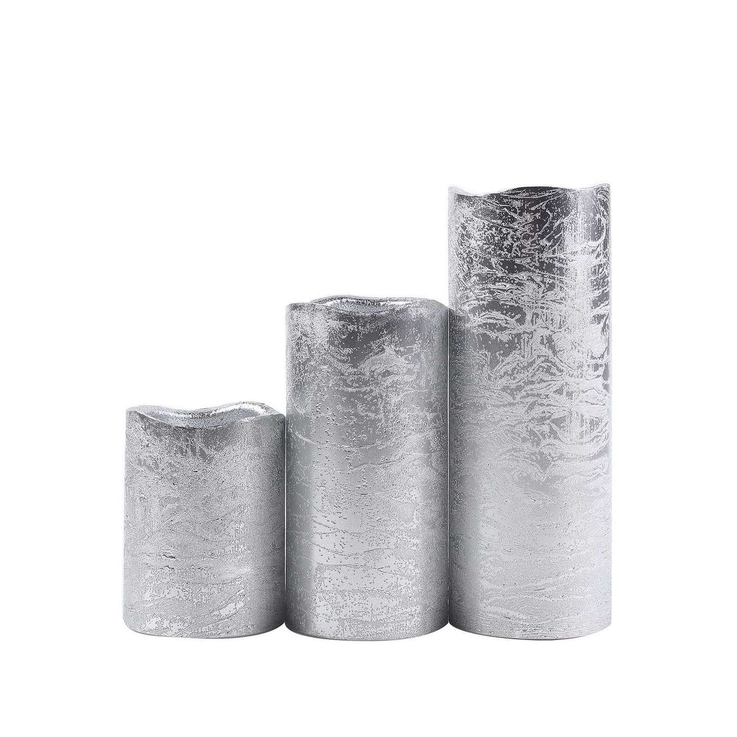 Set of 3 LED Flameless Pillar Candles Remote Operated Metallic Silver - Battery Powered 4", 6", 8"