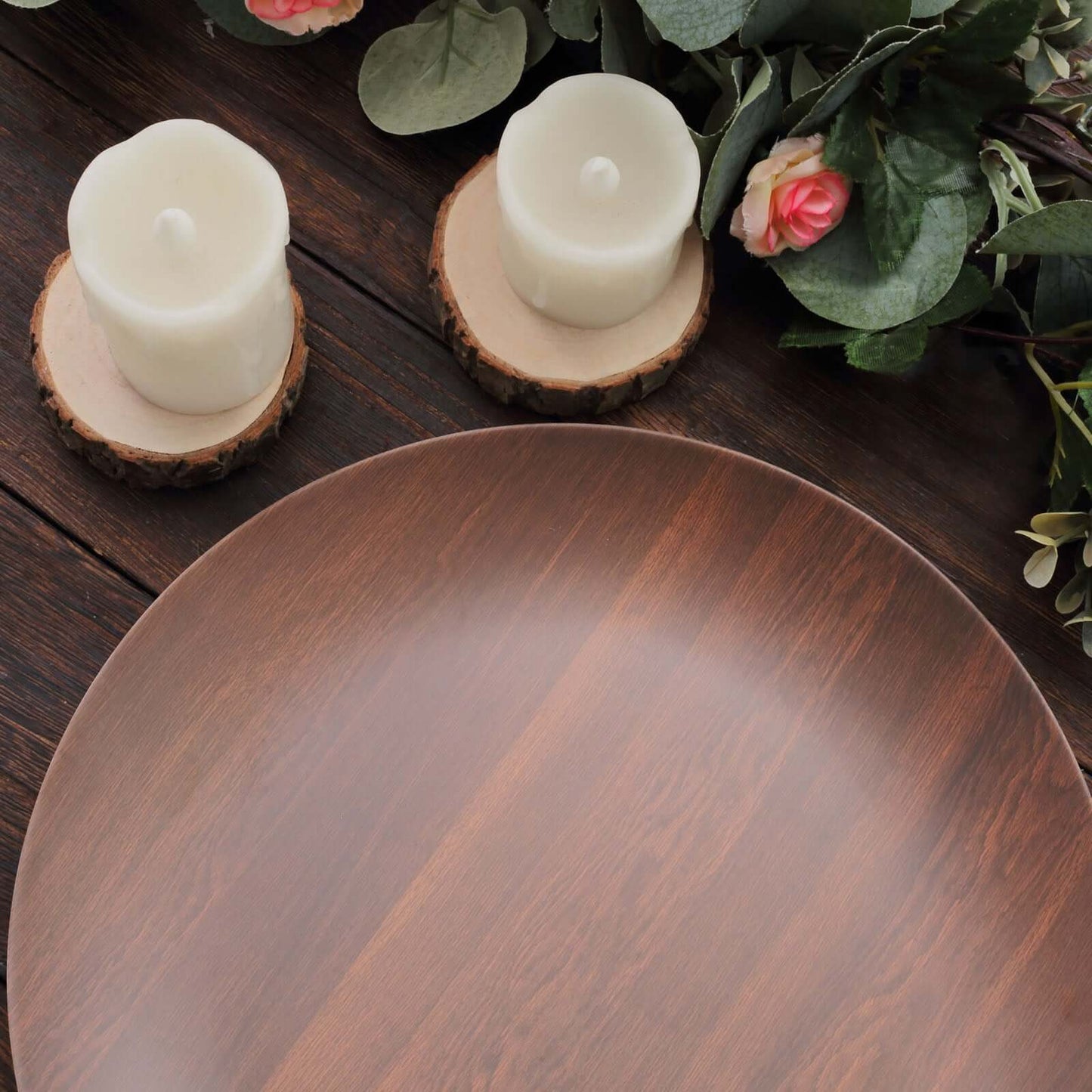 Pack of 6 Melamine 10" Round Dinner Plates in Brown Wood Grain Print - Disposable Shatterproof Party Plates for Rustic Farmhouse-Inspired Table Decor