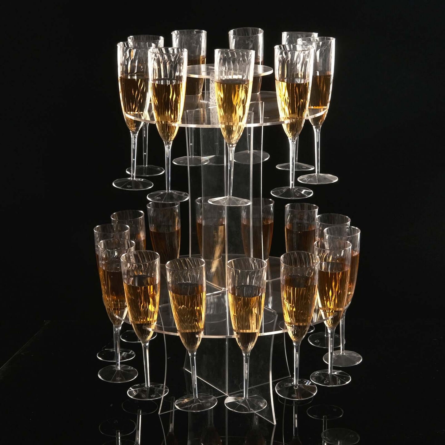 3-Tier Round Champagne Glass Holder Tower Clear Acrylic + 1 Bottle for Professional & Home Use 21"