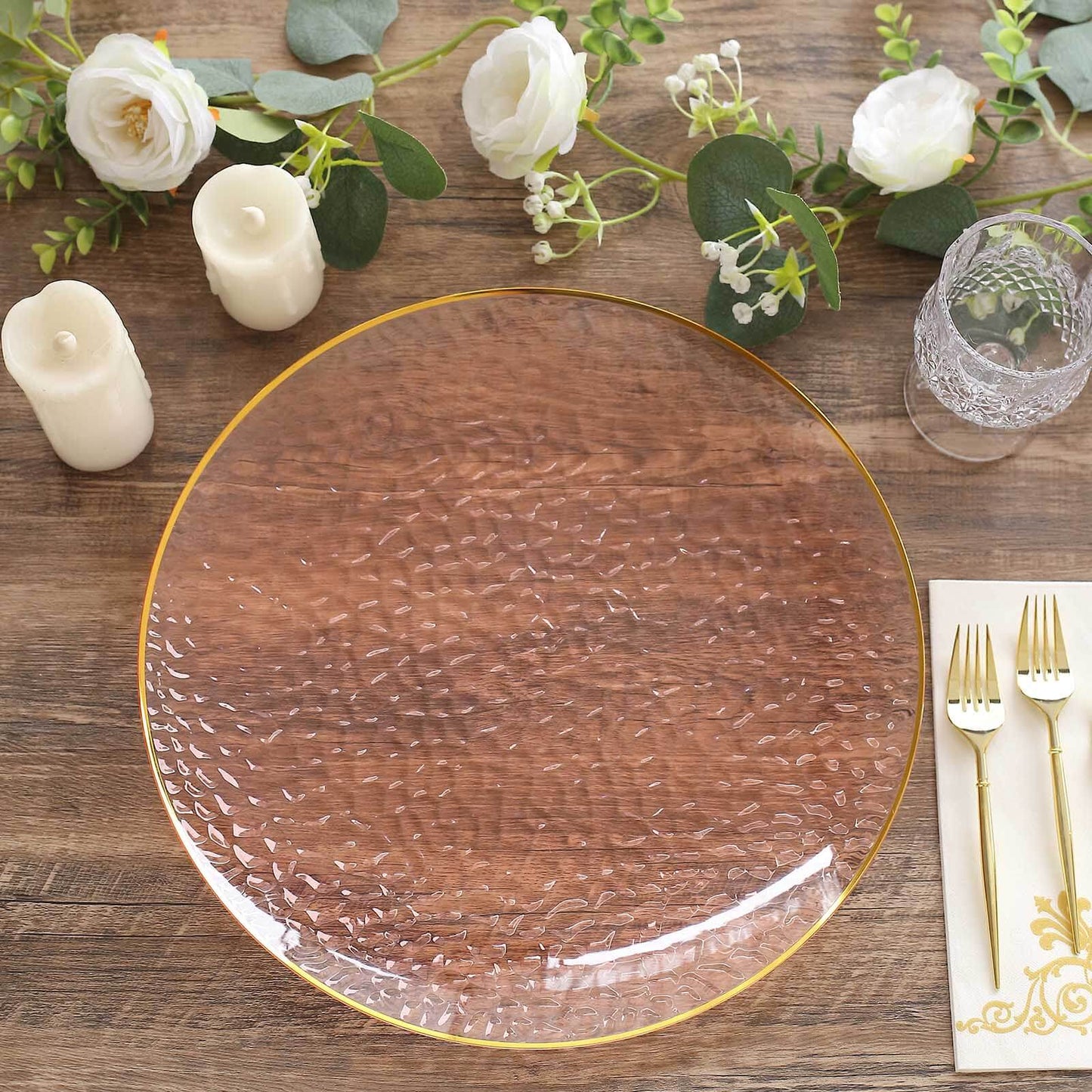 10 Pack Economy Plastic Round Charger Plates 13" in Transparent Blush Hammered Design with Gold Rim, Decorative Dinner Party Serving Plates