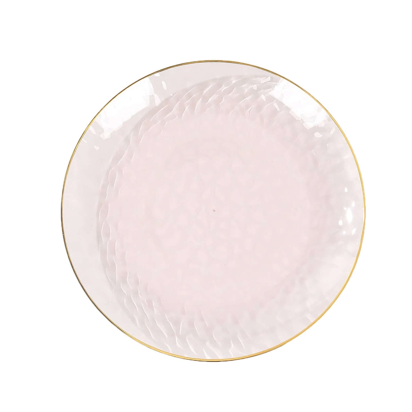10-Pack Plastic 9" Round Dinner Plates in Transparent Blush Hammered Design with Gold Rim - Modern Disposable Party Plates