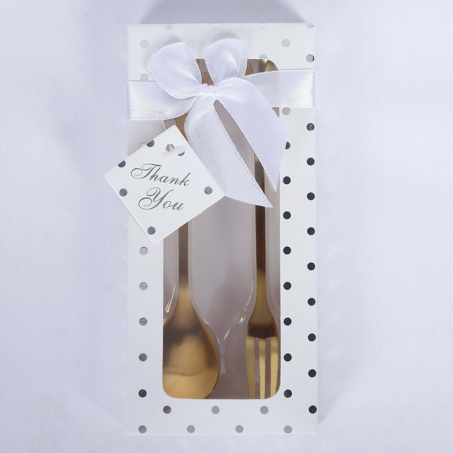 Gold Metal Spoon & Fork Pre-Packed Wedding Party Favors Set With Leaf Shaped Handle, Bridal Shower Souvenir Gift Box - 5"