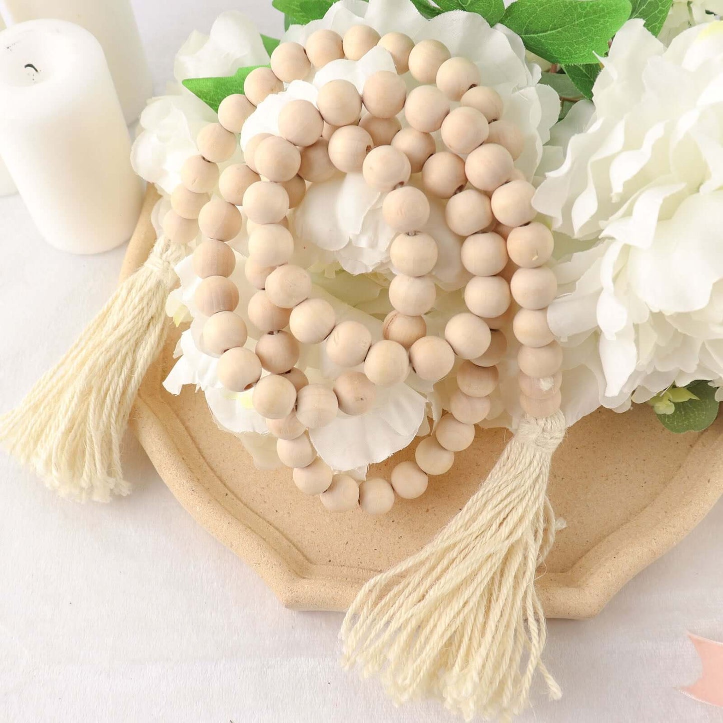 55" Cream Rustic Boho Chic Wood Bead Garland With Tassels, Farmhouse Country Wood Bead Chain