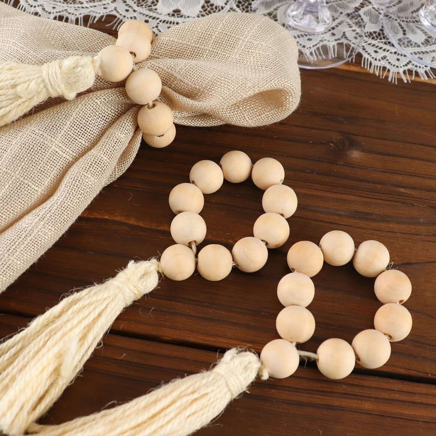 4 Pack 6" Cream Rustic Boho Chic Wood Bead Napkin Rings With Tassels, Farmhouse Country Napkin Holders