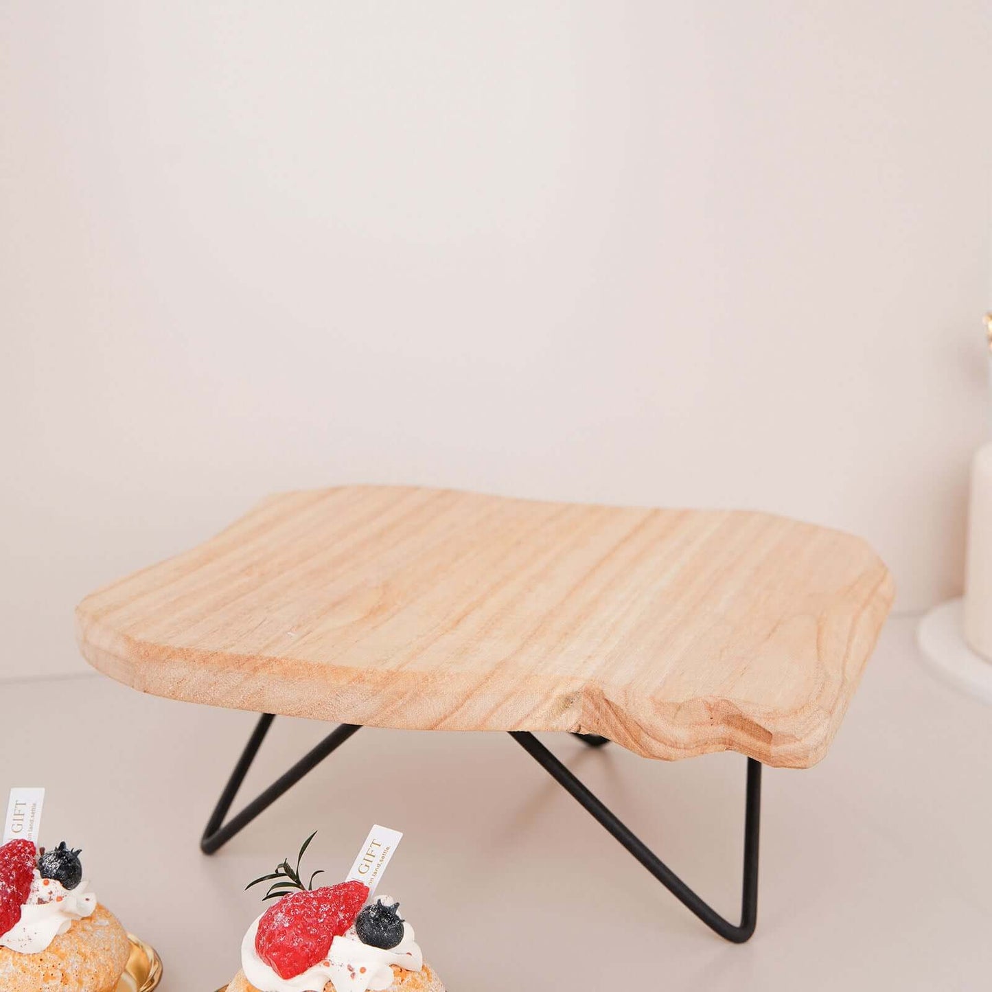 Wooden Cake Cupcake Stand Natural Wood Slice Design - Cheese Board Serving Tray with Hairpin Legs 12" Square