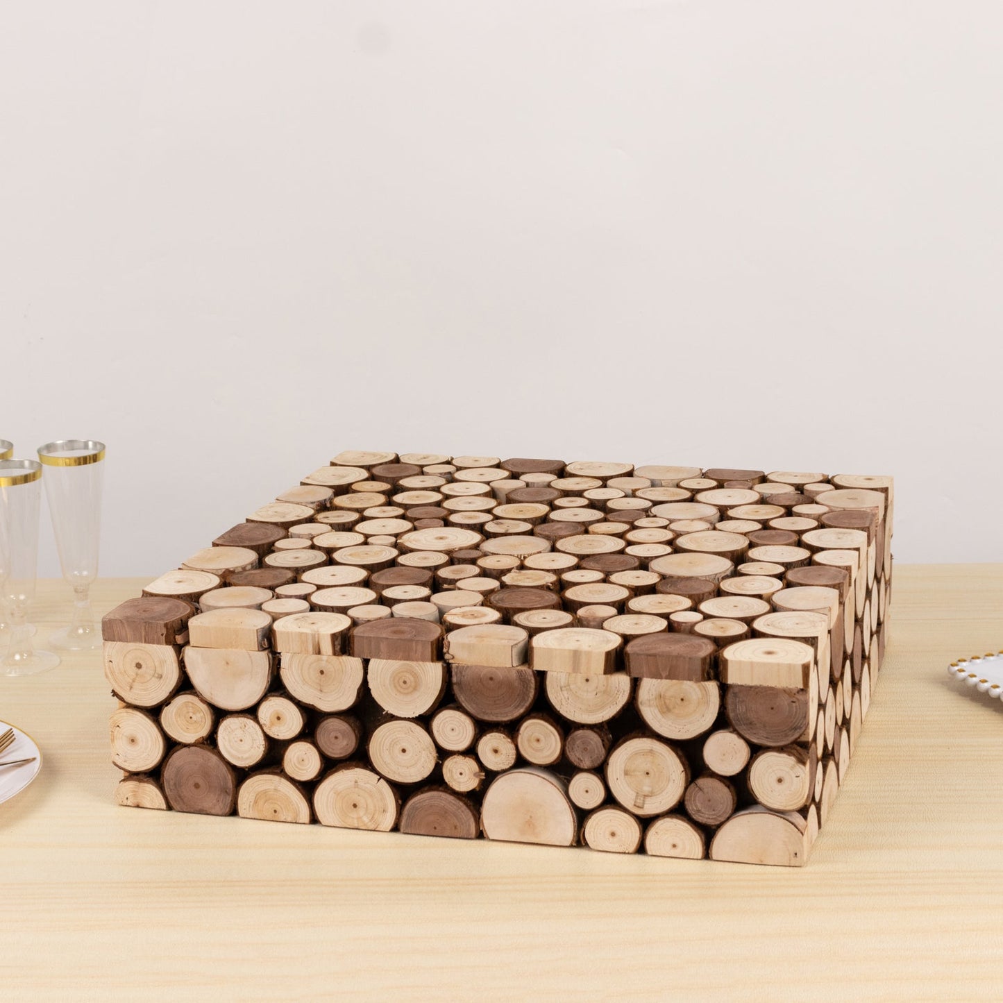 Wooden Cake Stand 18"x18" Square Design Rustic Natural Slices - Farmhouse Display Box Pedestal Riser