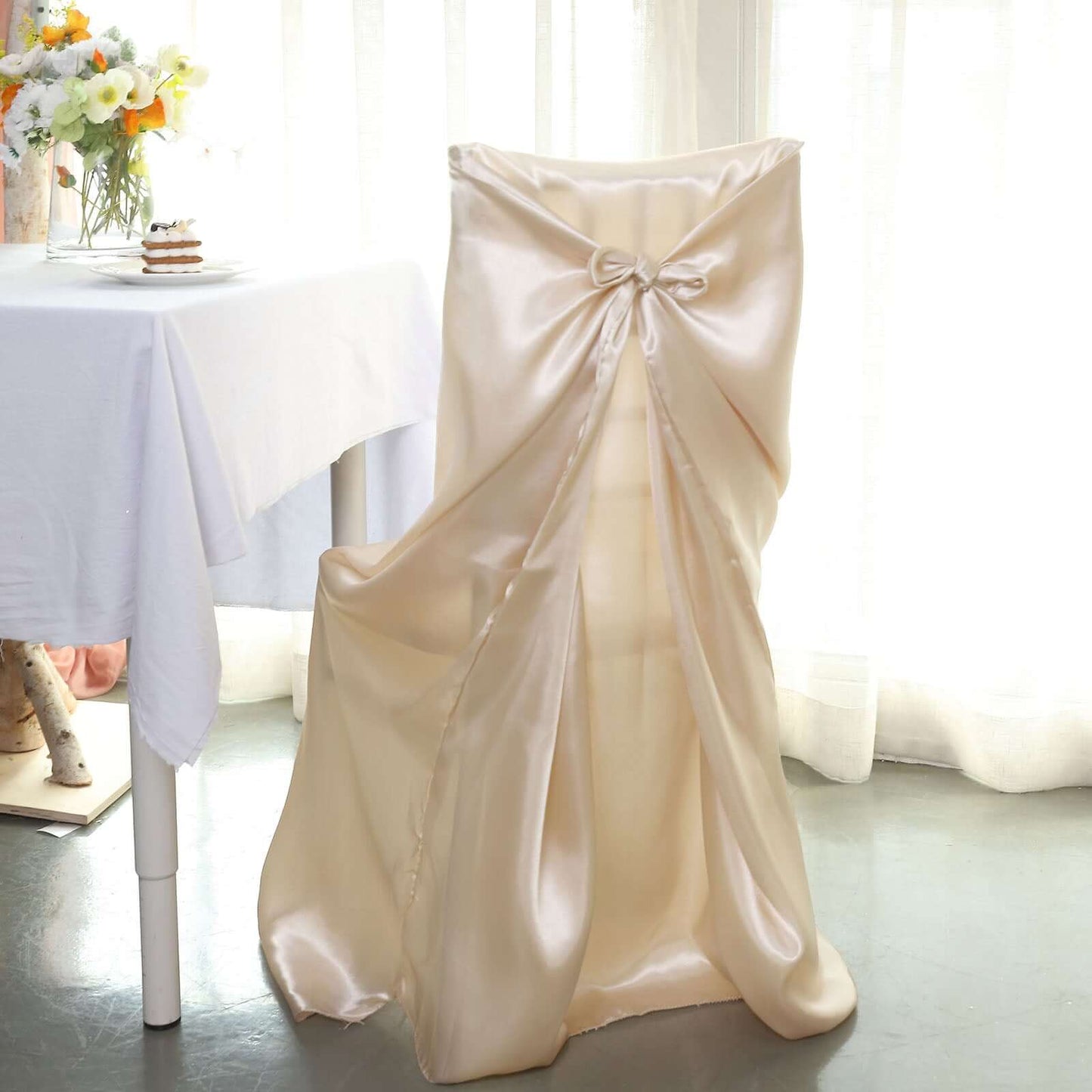 Satin Chair Cover Self-Tie Universal Design Beige - Durable Slip-On Cover for Folding, Dining, Banquet & Standard Chairs