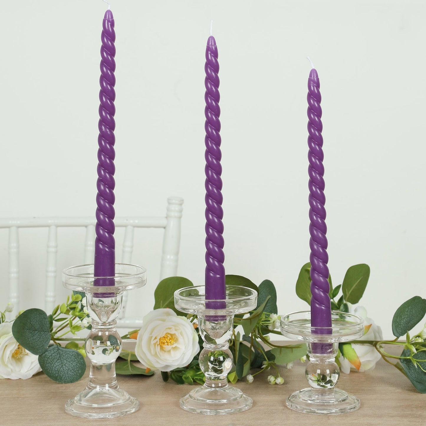 12-Pack Taper Candles Spiral Long Burn Wick Design Purple - Premium Unscented Wax Dinner Candle Sticks 11"