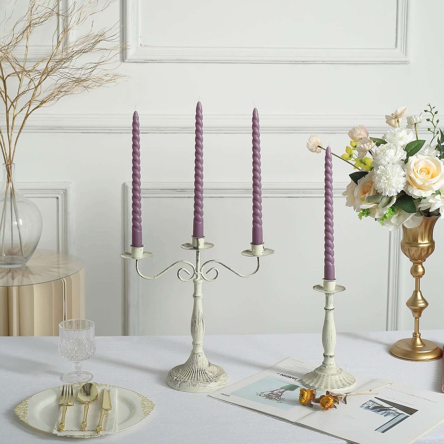 12-Pack Taper Candles Spiral Long Burn Wick Design Violet Amethyst - Premium Unscented Wax Dinner Candle Sticks 11"