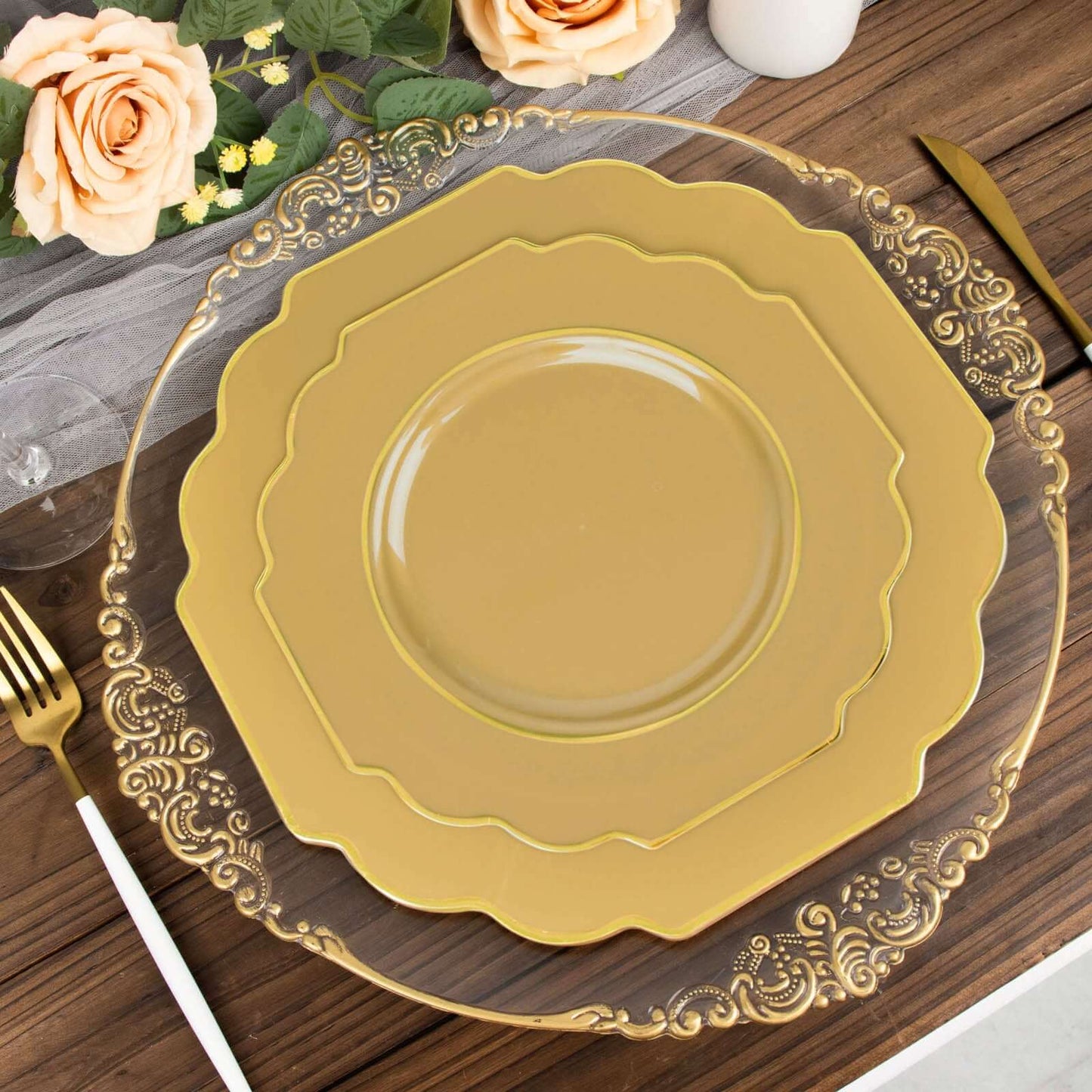 10-Pack Plastic Dessert Appetizer Plates in Gold Baroque Design with Scalloped Gold Rim - Heavy Duty Disposable Salad Plates 8"