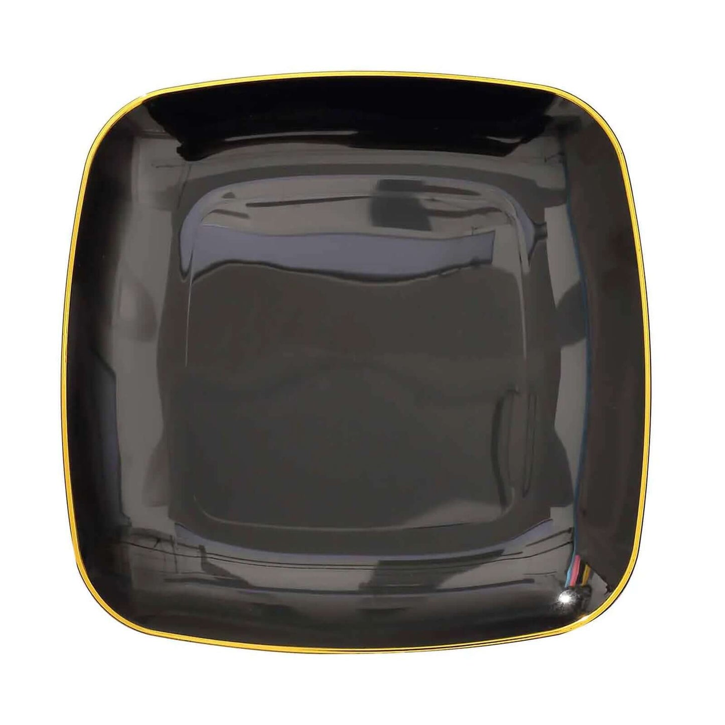10-Pack Plastic 10" Square Dinner Plates in Black with Gold Rim - Classy Disposable Lunch Party Plates