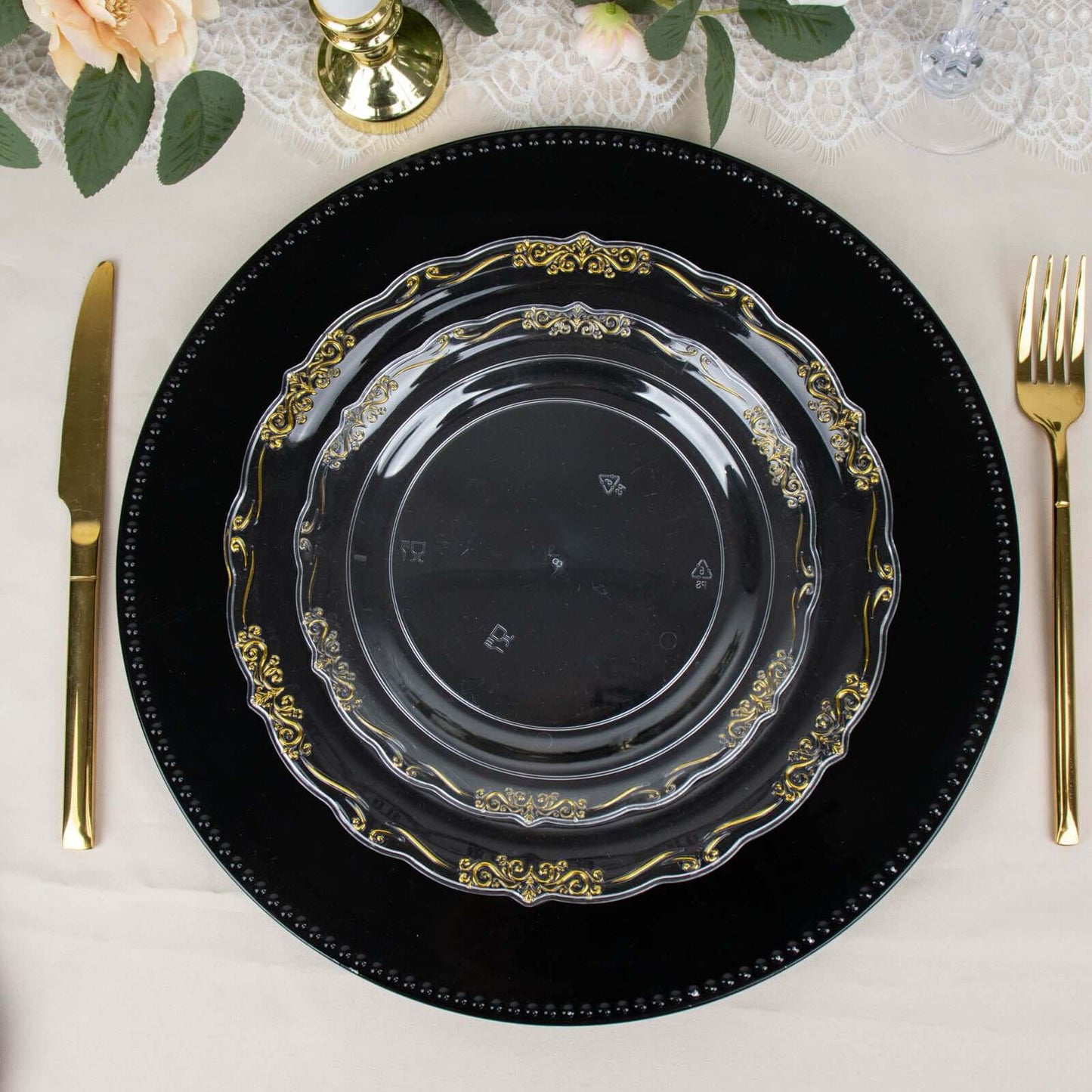 10-Pack Plastic 7" Round Dessert Plates in Clear with Gold Vintage Embossed Rim - Sturdy Disposable Scalloped Edge Salad Plates for Sophisticated Events & Celebrations