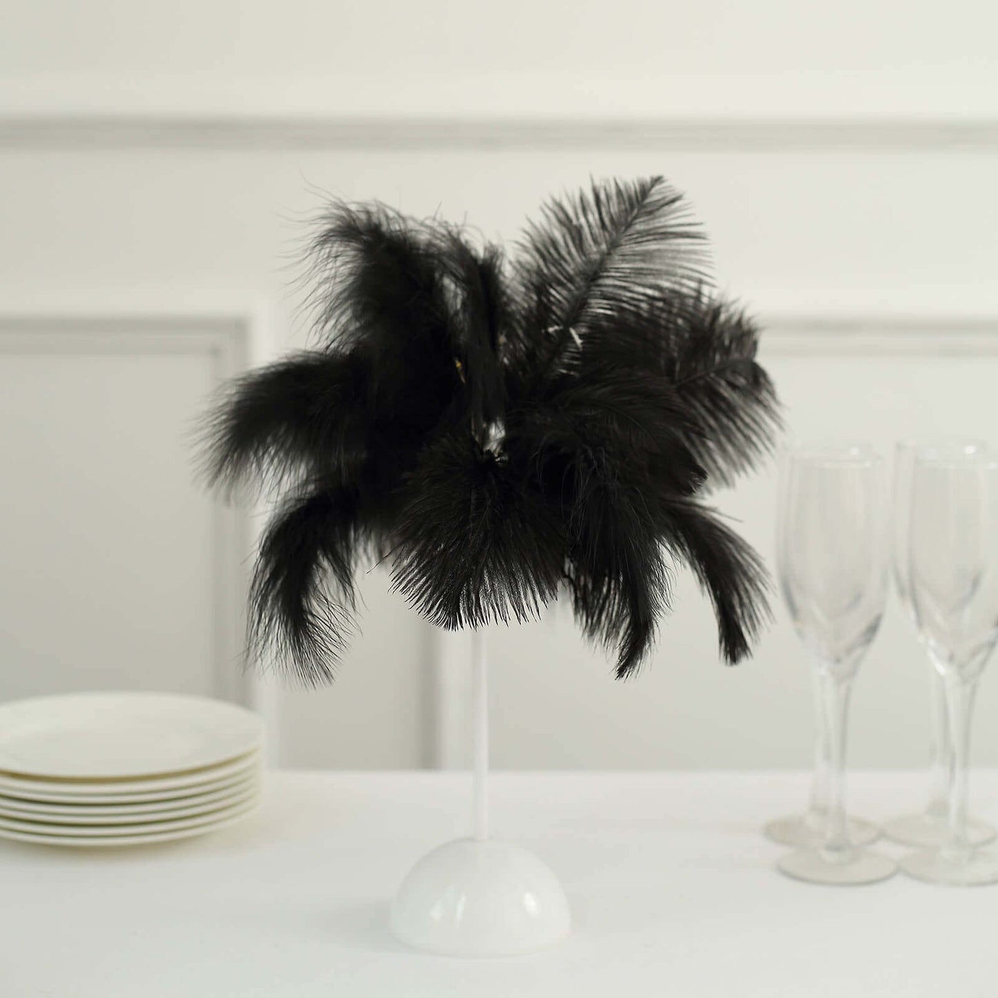 Table Lamp Ostrich Feather Design Black LED Battery Operated - Cordless Wedding Centerpiece 15"