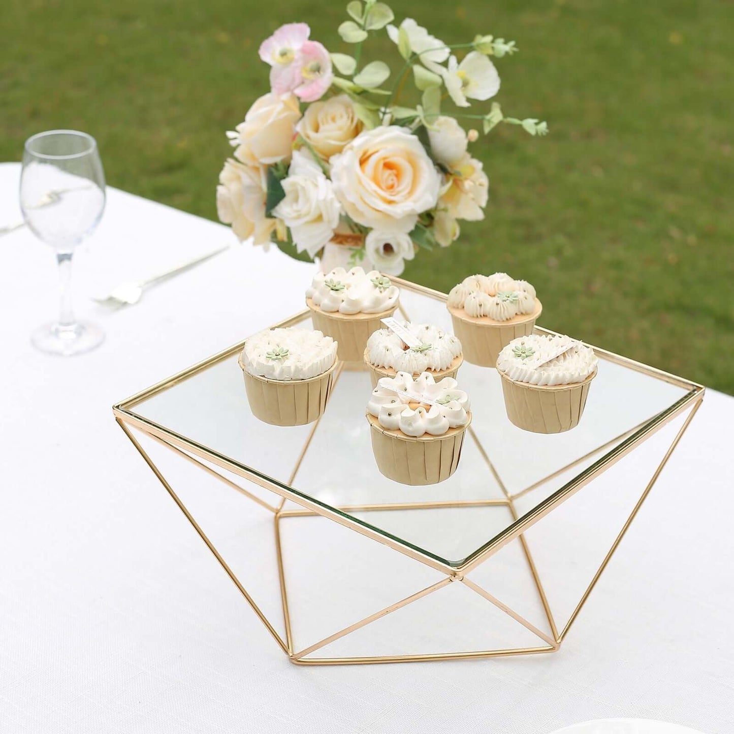 Metal Cake Stand Geometric Pedestal Riser Design Gold with Square Glass Top - Display Centerpiece 12"