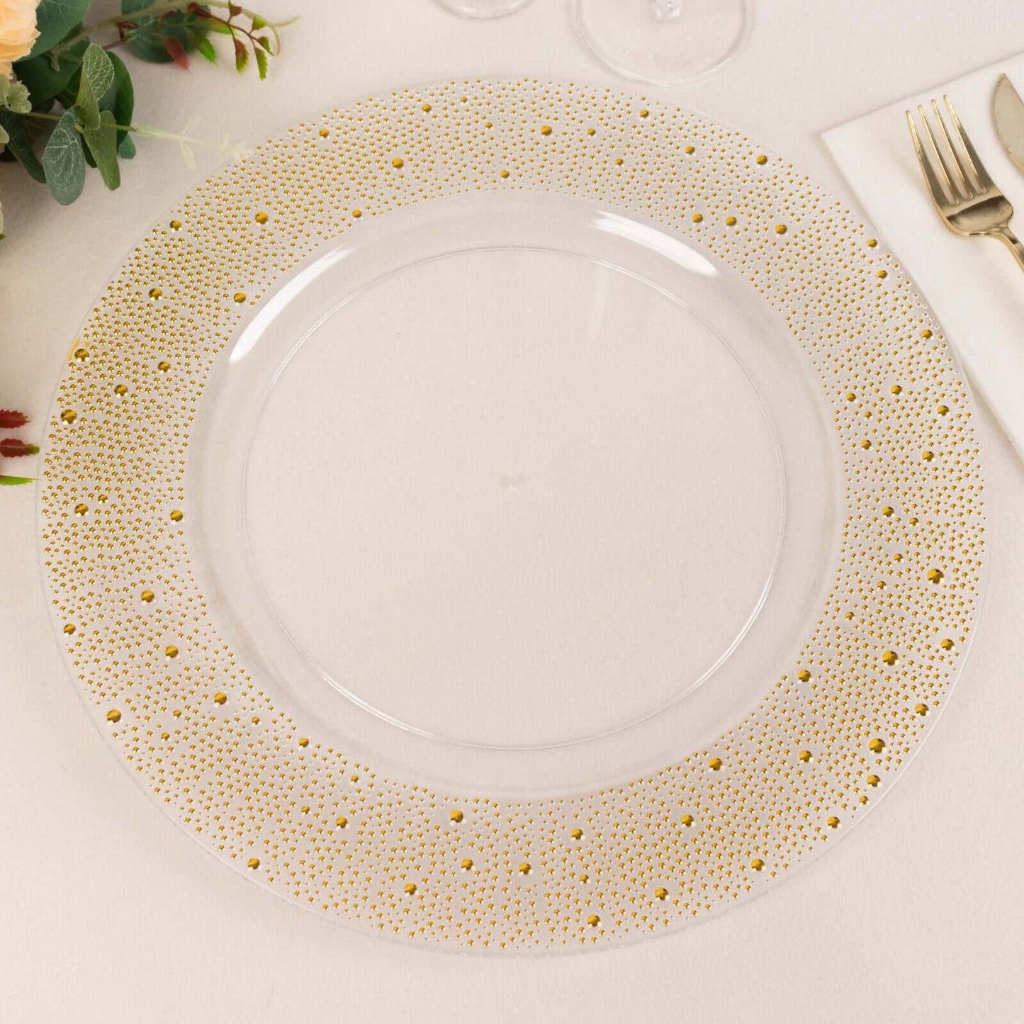 6-Pack Plastic Round Charger Plates 13" in Clear with Gold Pearl Beaded Rim, Upscale Dinner Serving Plates