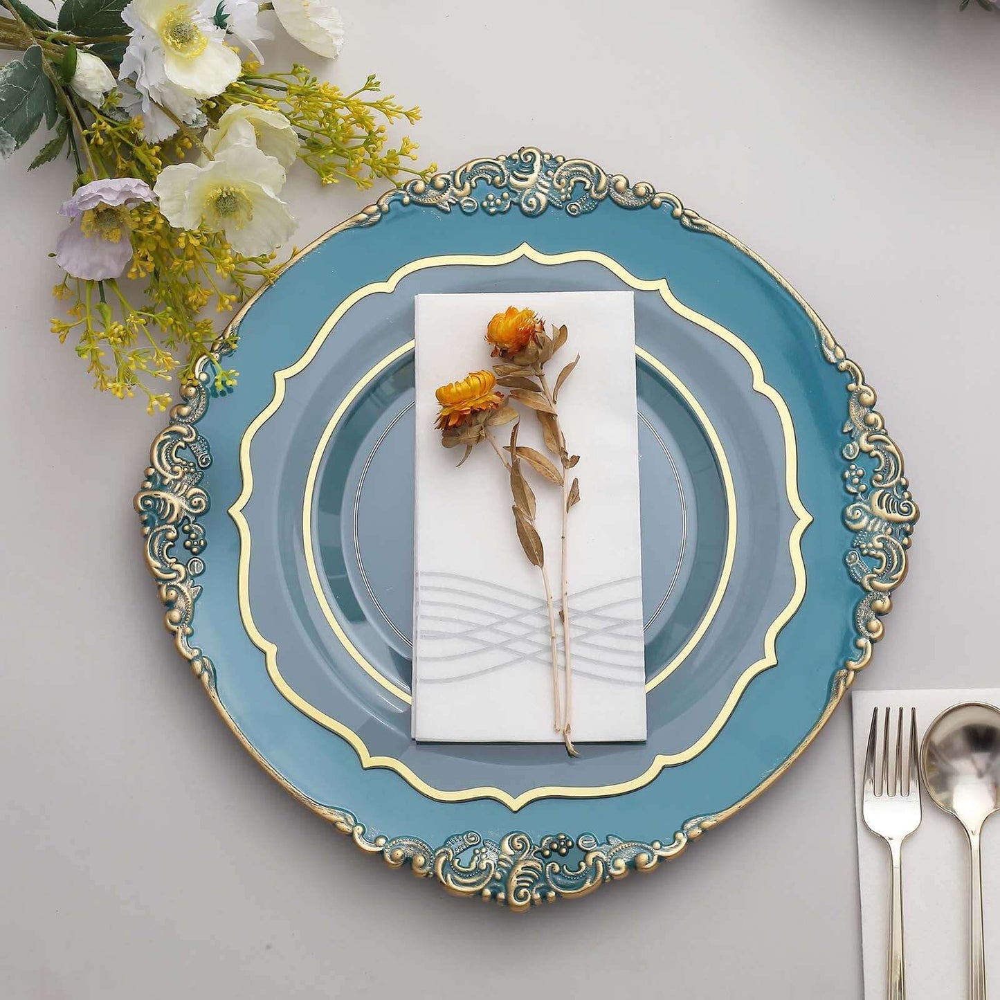 6-Pack Acrylic Round Charger Plates 13" in Peacock Teal with Gold Embossed Baroque Rim, Antique Decorative Dinner Party Charger Tableware