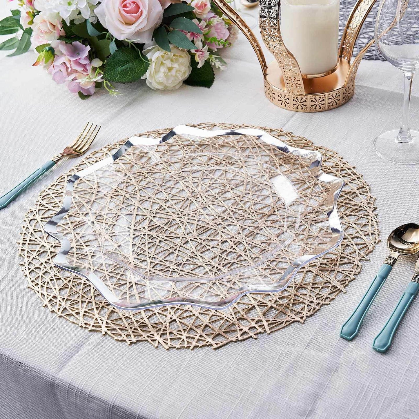 6-Pack Vinyl Placemats Champagne Woven Design - Durable Non-Slip Round Table Mats for Dining 15"