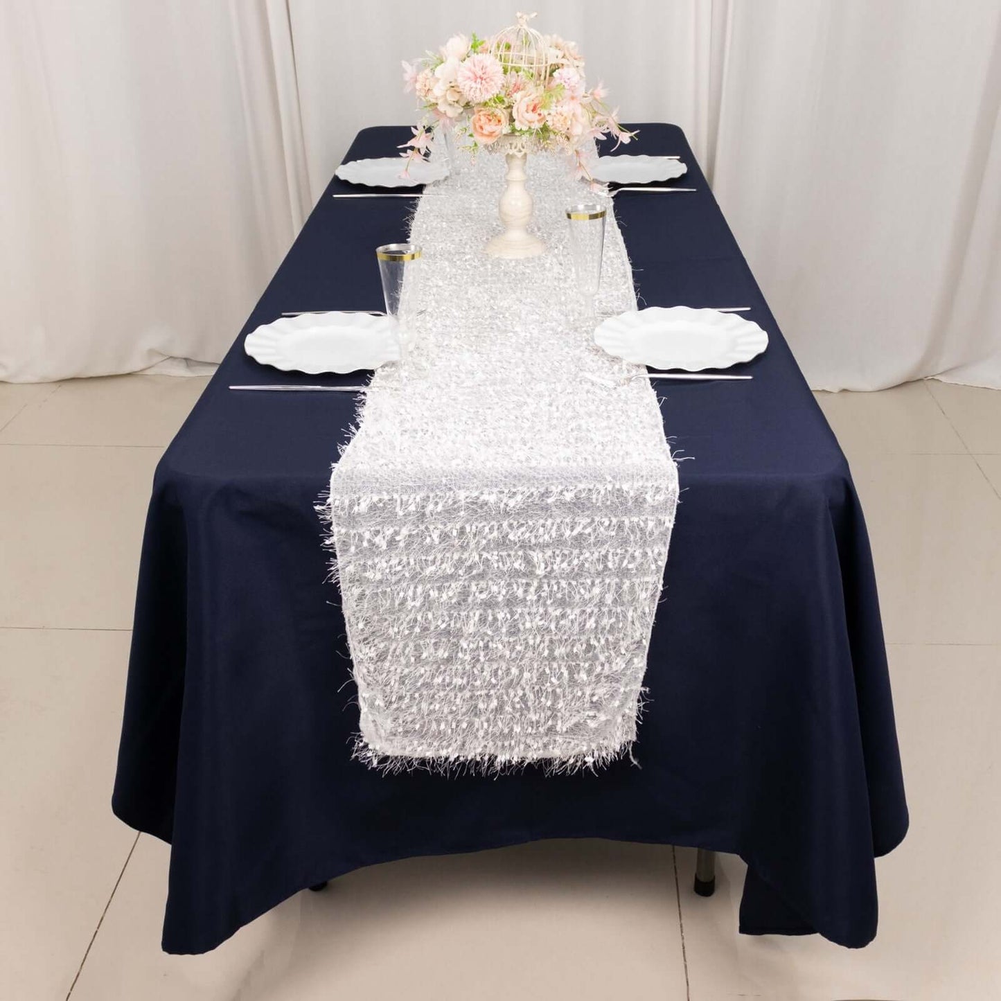 Polyester 12"x108" Table Runner White - Fringe Shag Table Decor