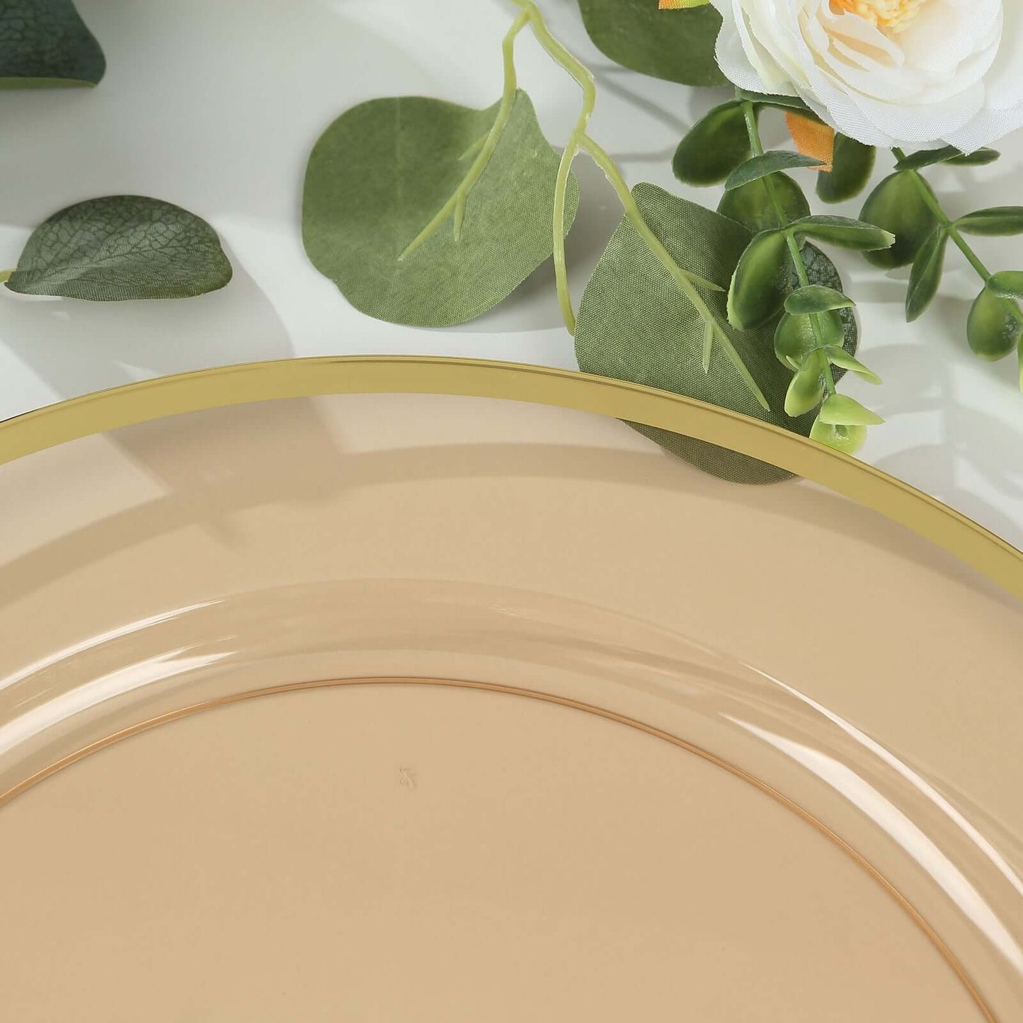 10-Pack Economy Plastic Round Charger Plates 12" in Transparent Amber Gold with Wide Gold Rim, Decorative Dinner Party Serving Plates