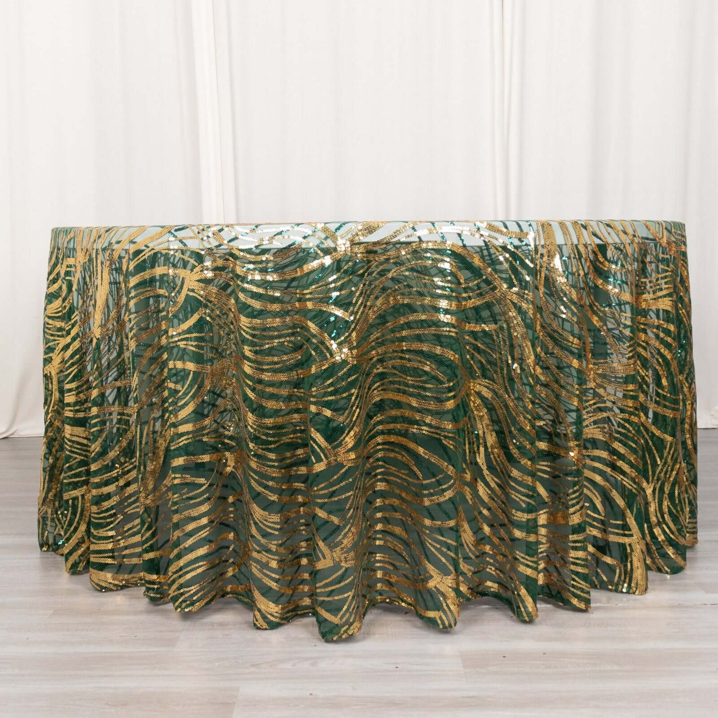 Sequin Mesh 120" Round Tablecloth Hunter Emerald Green/Gold - Seamless Wave Embroidered Table Cover