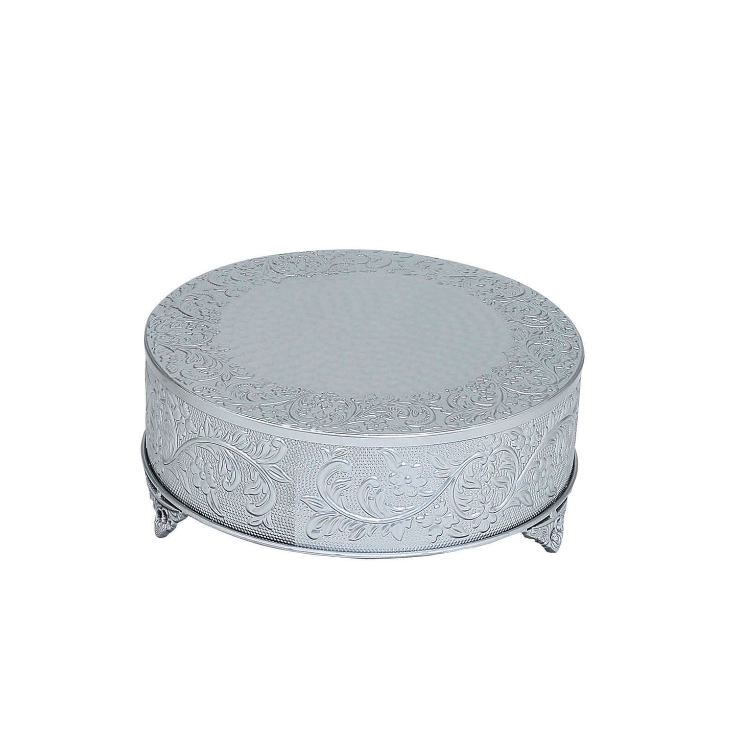 Metal 14" Round Cake Pedestal Stand Matte Silver - Cupcake Dessert Display Riser with Intricate Embossed Design for Upscale Events & Gatherings