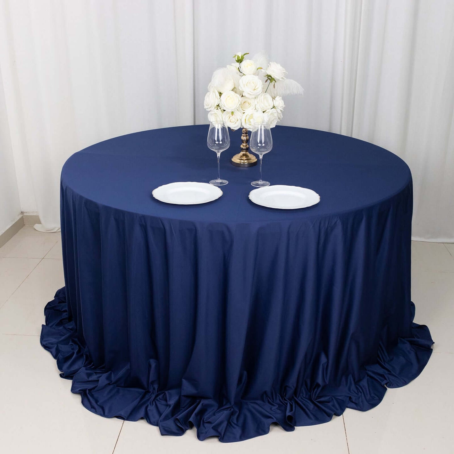 Scuba Round 132" Tablecloth Navy Blue - Wrinkle Free & Stain Resistant Seamless Table Cover