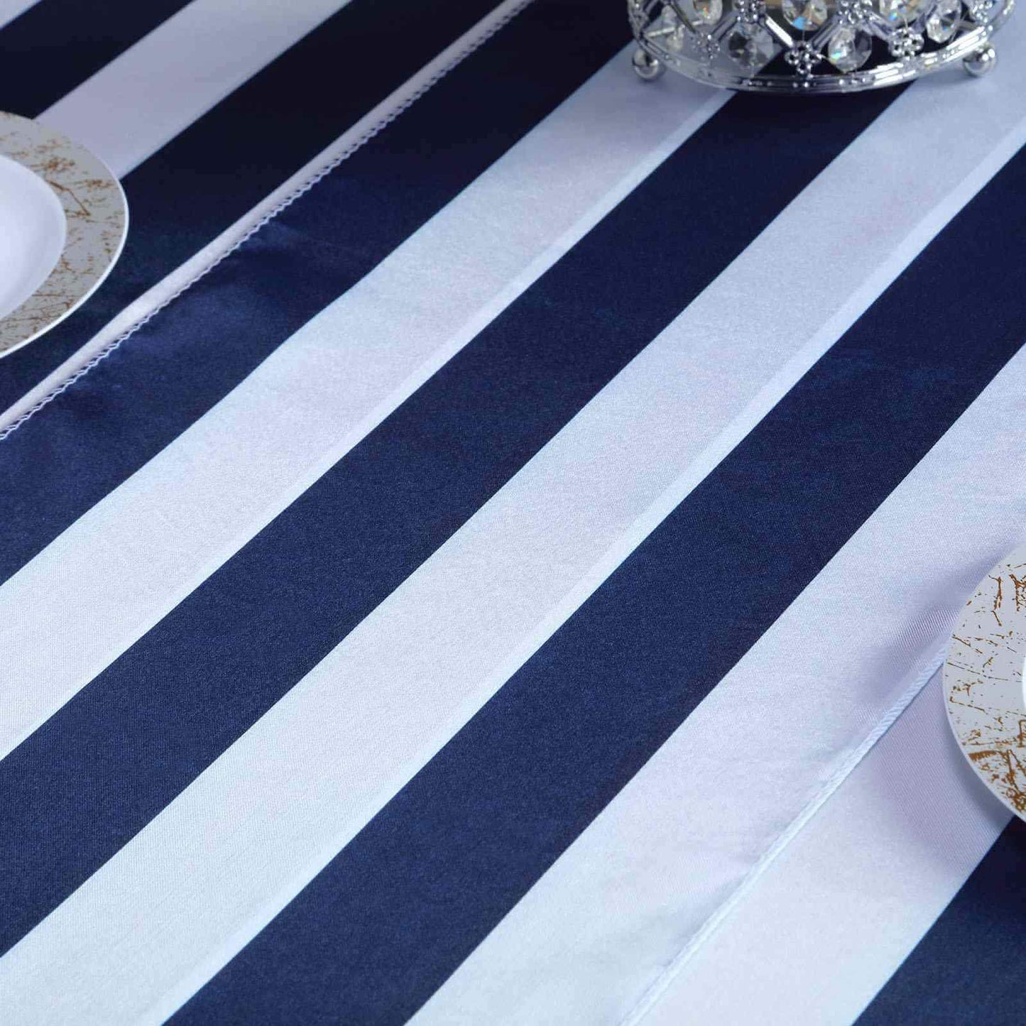 Satin 12"x108" Table Runner Navy Blue/White Stripe - Classic Striped Design