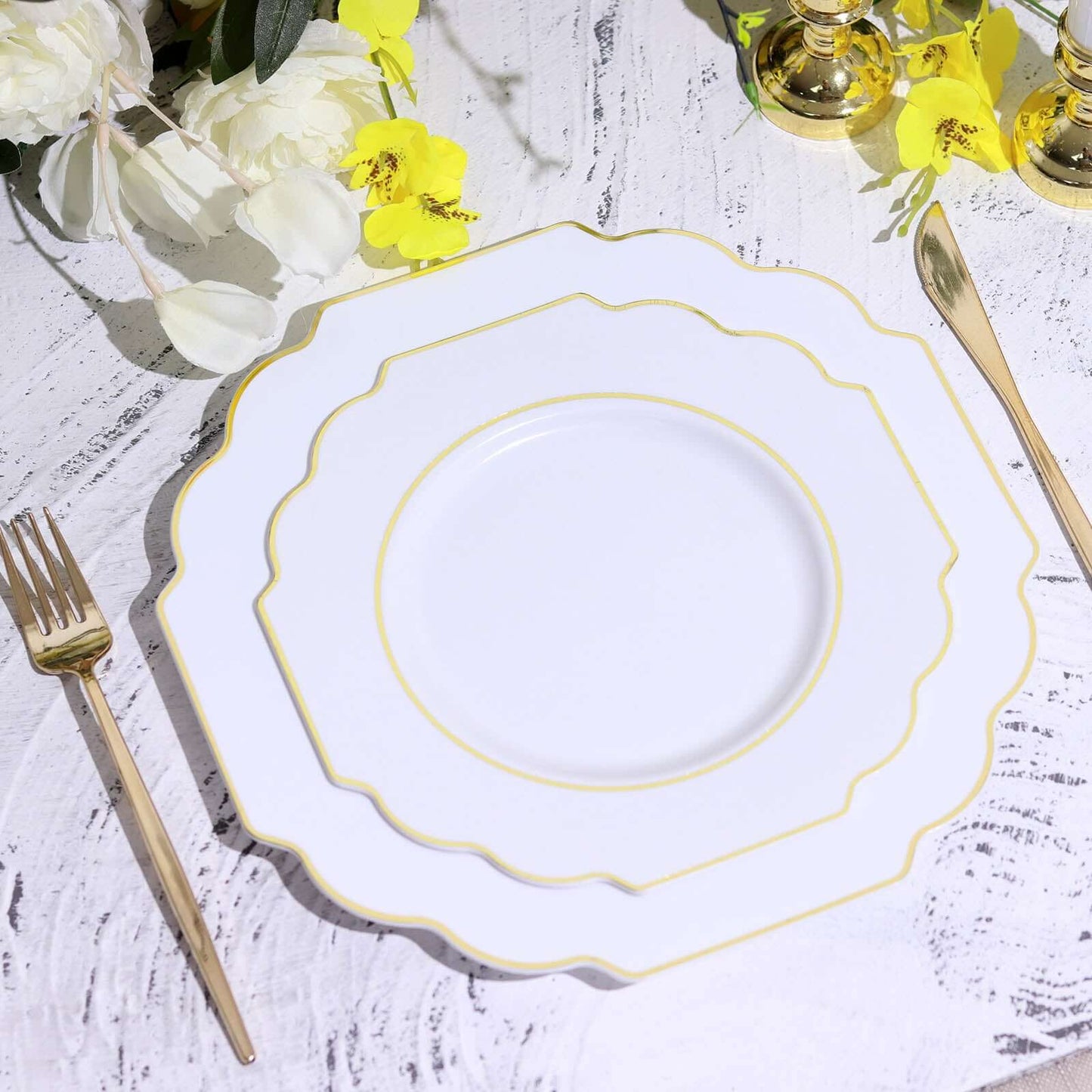 10-Pack Plastic Dessert Appetizer Plates in White Baroque Design with Scalloped Gold Rim - Heavy Duty Disposable Salad Plates for Formal Events & Banquets 8"