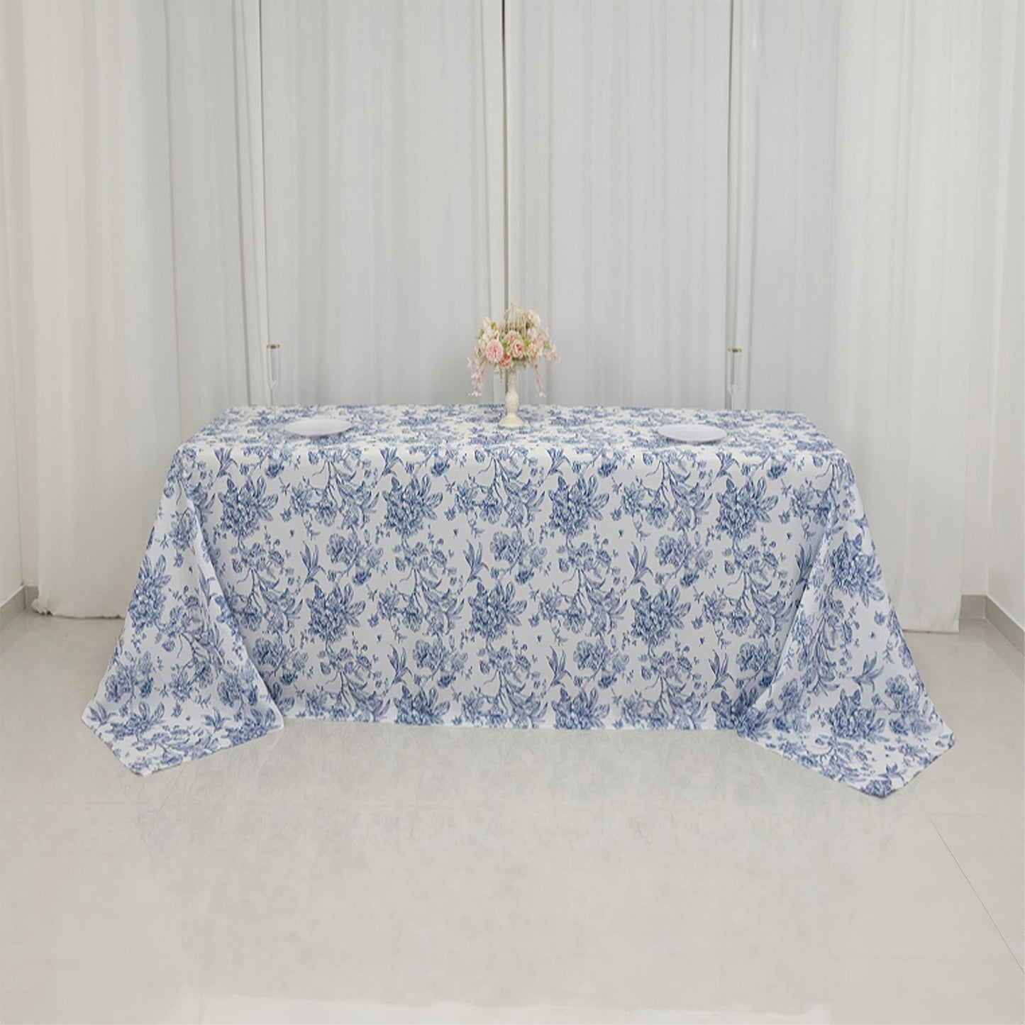 Polyester 90"x132" Rectangle Tablecloth White - Seamless Blue French Toile Pattern for Upscale Events